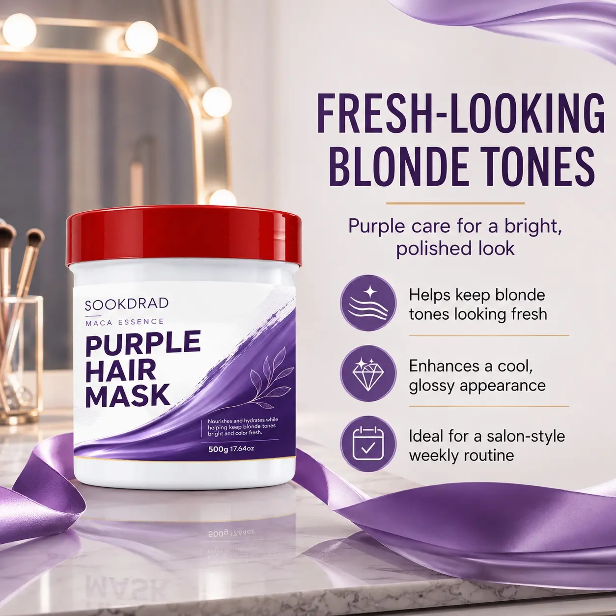 Purple Hair Mask, Maca Essence, nourishes and hydrates, brighten blonde hair tones, maintain fresh hair color, for hair, suitable for blonde hair people, 500g/17.64oz