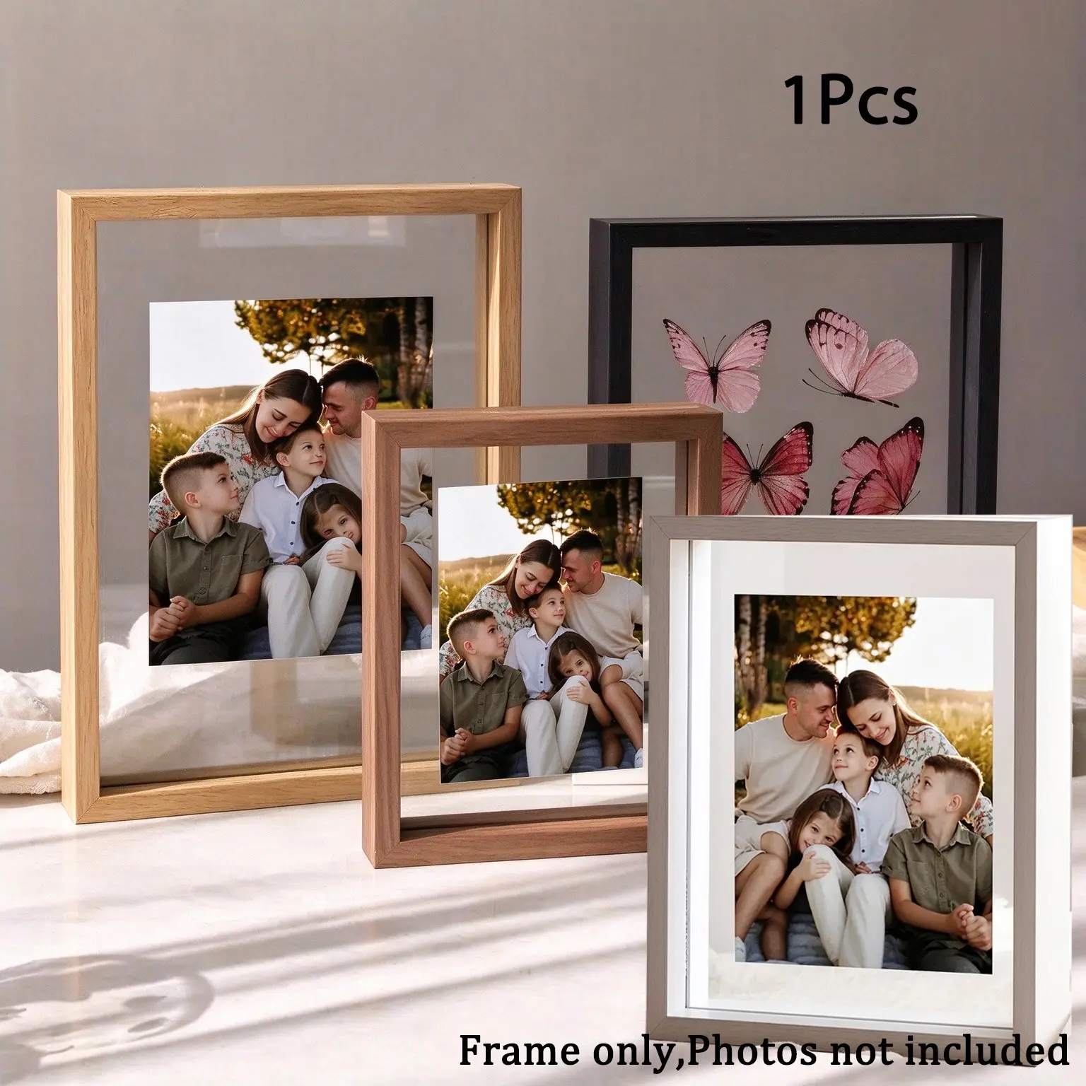 Floating Picture Frame - Double Plexiglass Display Frame for Polaroid Photos, Wall Mount or Tabletop Decor for Home Decoration，Beech Wood Frame, Desktop Frame, Office Frame, Family Frame, Wooden Picture Frame
