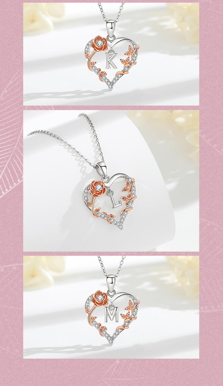 Eudora Flower Initial Heart Necklace,  Personalized Rose Gold Plated Letter Pendant, Perfect Valentine’s Day Gift for Her, Meaningful Alphabet Jewelry