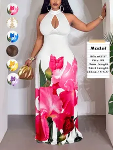 Plus Size Print Halter Neck Hollow Out Dress, Sexy Waist Cinched Bodycon Long Dress, Elegant Fitted Plain Surface Dress