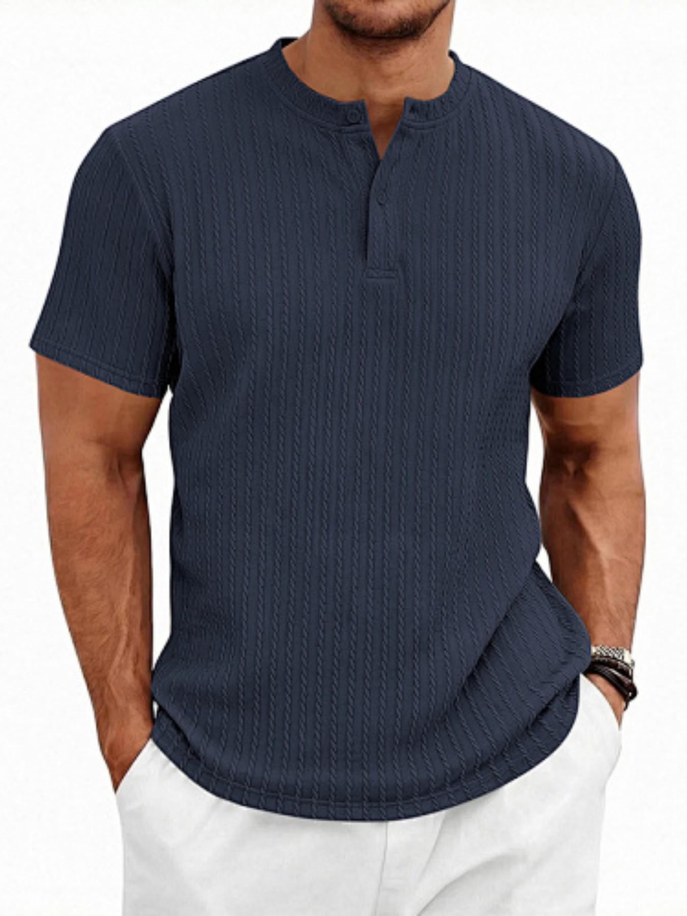 Men's summer Henry collar texture short sleeved shirt! Slimming and muscle enhancing, breathable and sweat free, suitable for commuting, home and vacation, suitable for plus size men with closed eyes