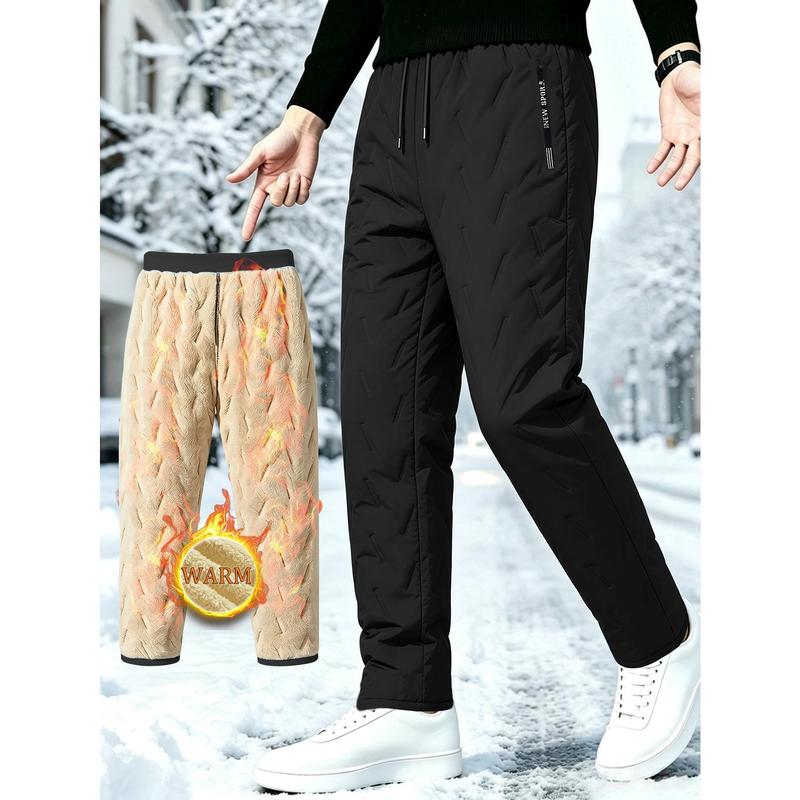 Men's Winter Warm Straight-Leg Menswear Trousers - Ultra-Thick Wool-Lined, Adjustable Drawstring Waist, Zipper Side Pocket, Windproof Polyester Pants for Outdoor Activities
