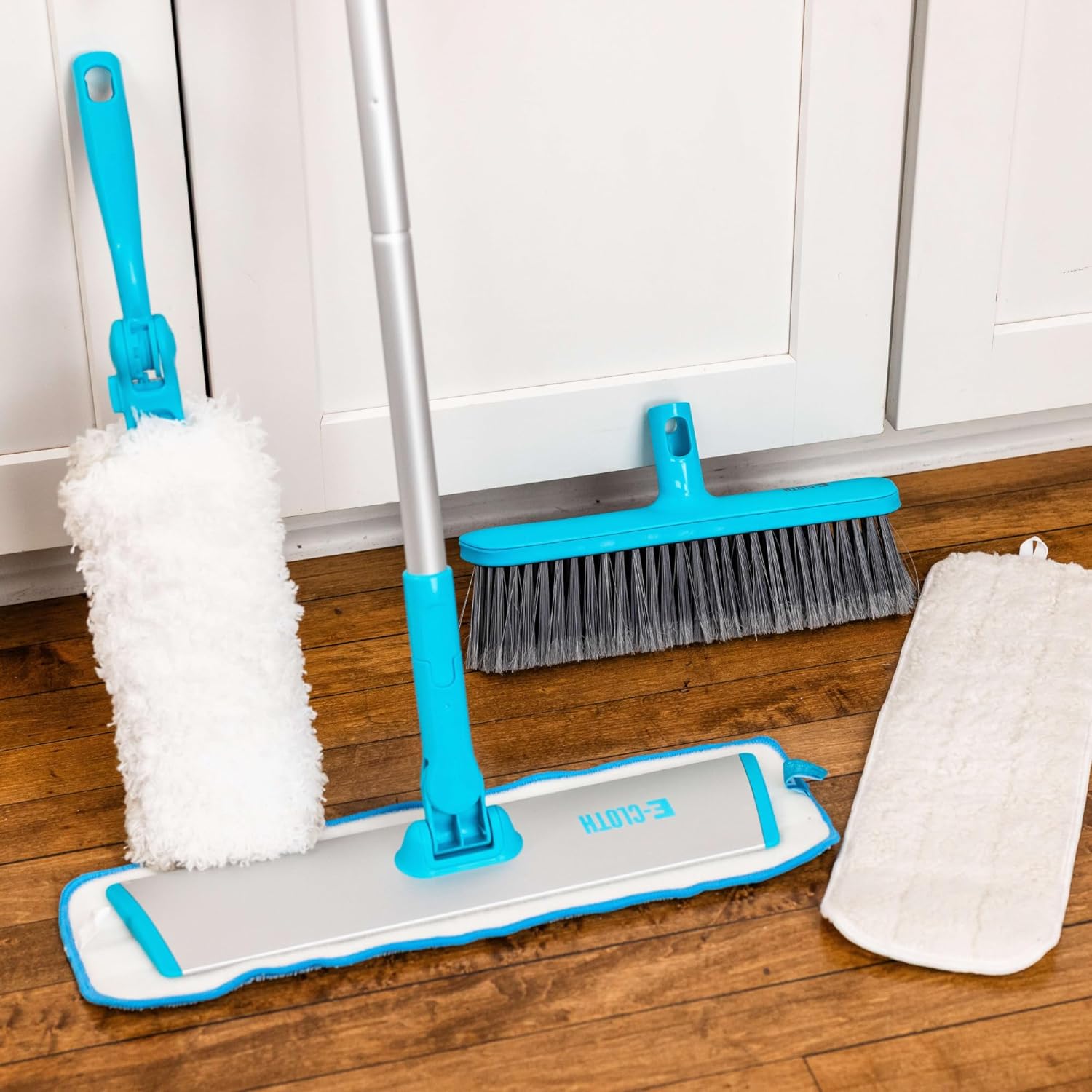 Easy-Click  Cleaning Supplies Set - Dust Broom & Flat Mop Kit for Floor Cleaning, Wall, Ceiling, & Floor Duster, Adjustable Handle, Interchangeable Heads, Washable Pads, No Refills Needed