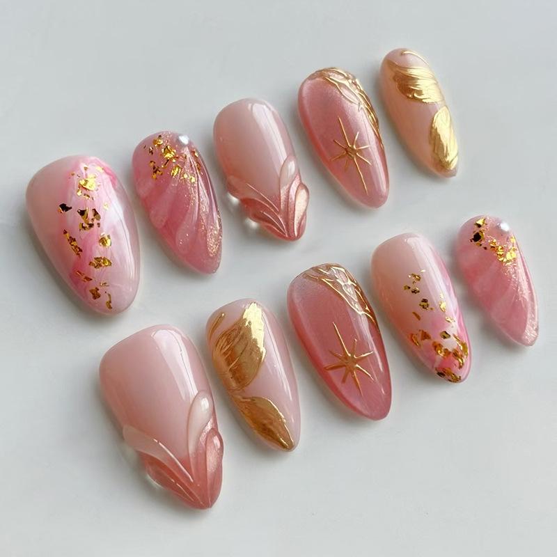 24Pcs Mid-length Gilded Almond Nails Set Press on 3D Flower Gradient Pink Full Cover False Nails Tips Pearl Reusable Fake Nails
