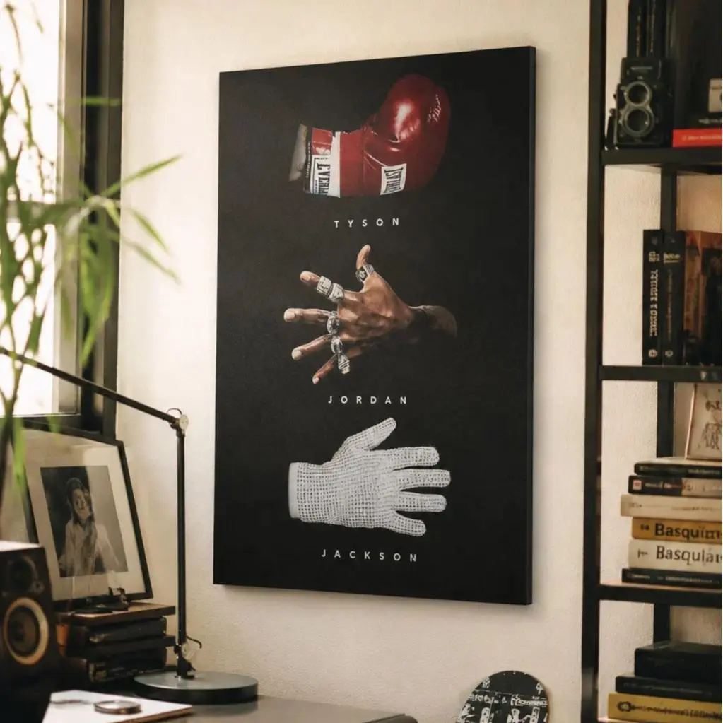 Iconic Legends Hands Canvas Wall Art with Black Frame - Artistic Sports & Music Print (Tyson Boxing Glove, Jordan Rings, Jackson Crystal Glove) for Home Gym, Man Cave Decor