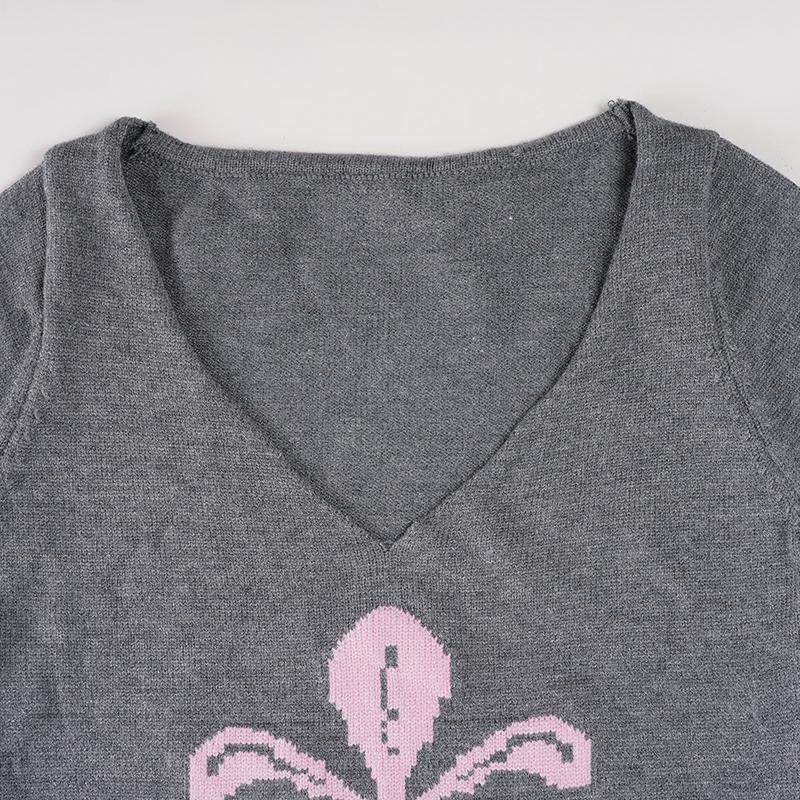 Autumn Winter New Fashion Casual Vintage Floral Jacquard Knitting Slim Fit Long Sleeve Sweater V Neck Y2K Aesthetic Pullover Knitwear Womenswear