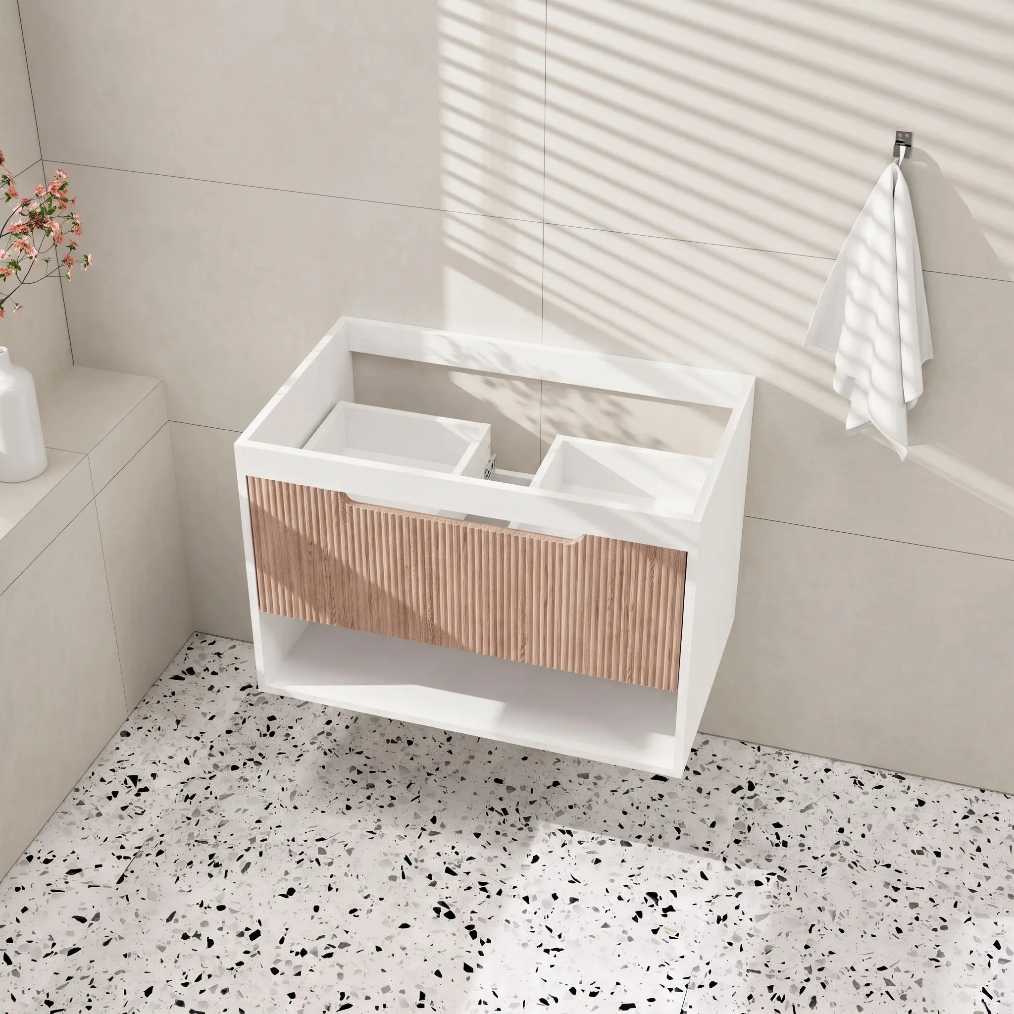 Linsy 30 Inch Floating Bathroom Vanity, Base Cabinet Only or Combo with Ceramic Sink, Wall-Mounted MDF Vanity with One Fluted Drawer Front, Soft-Close Drawer Rail and Open Bottom Shelf, White Cabinet Body, Single Drawer Bathroom Storage