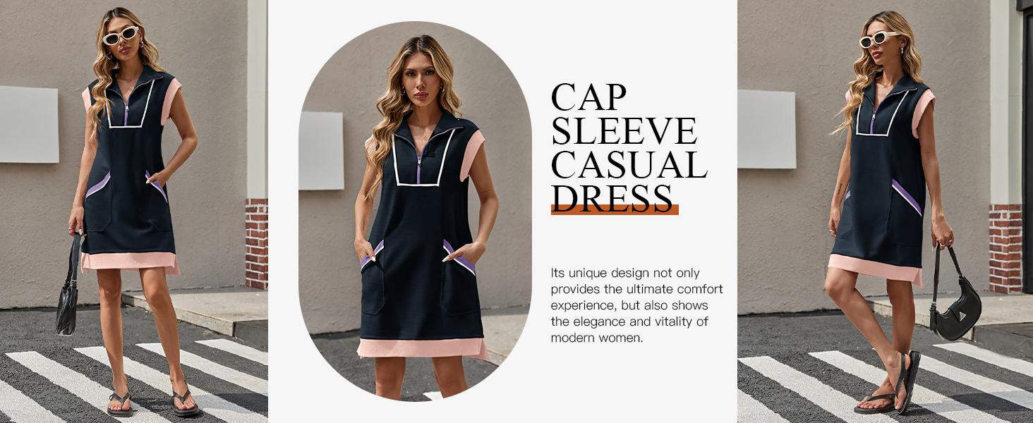 Fisoew Womens Summer Sleeveless Mini Dress Casual Half Zip Cap Sleeve Contrast Loose Sweatshirt Dresses Fisoew Womens Summer Sleeveless Mini Dress Casual Half Zip Cap Sleeve Contrast Loose Sweatshirt Dresses