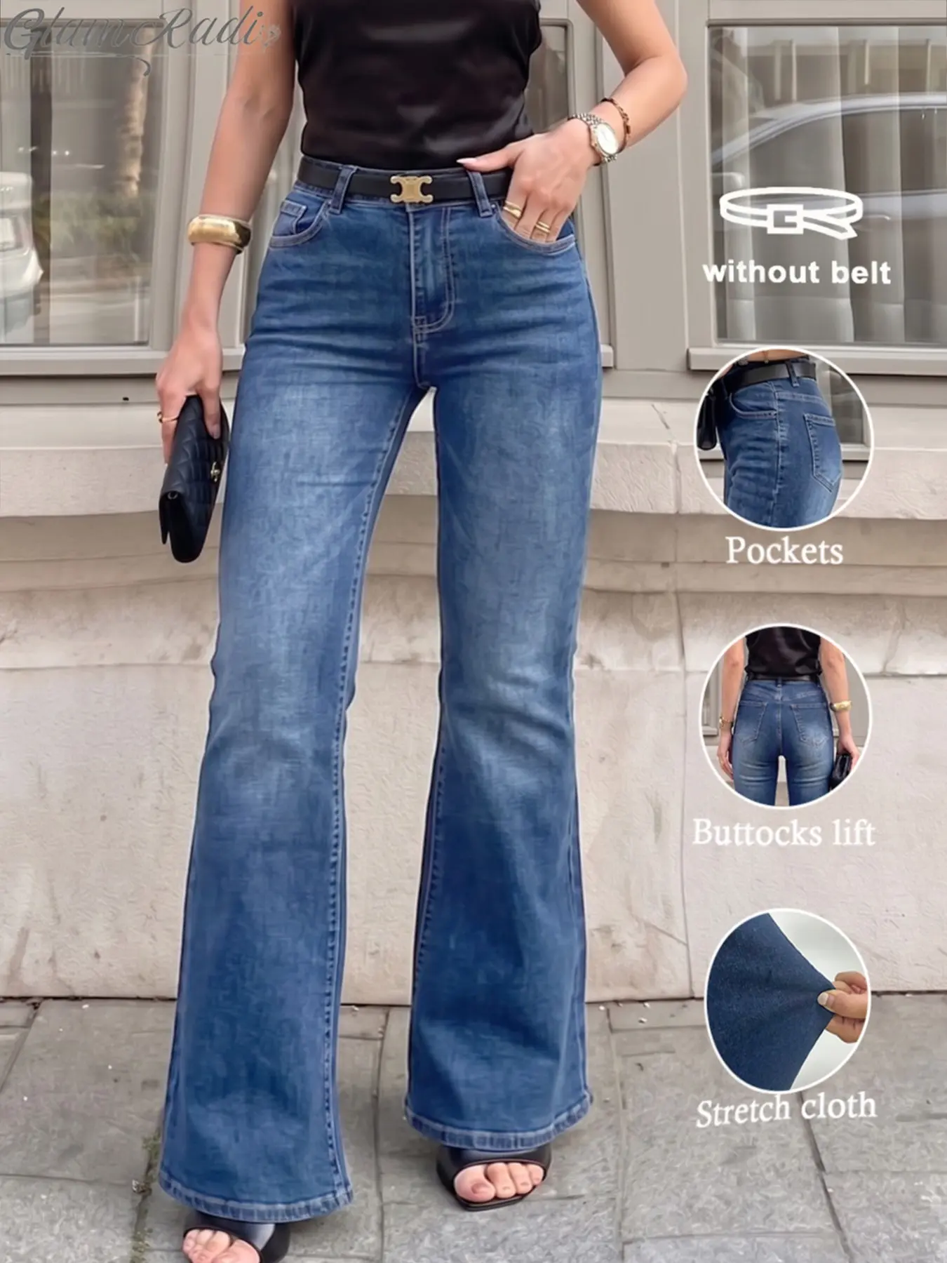Women's Washed Blue High-Waisted Fitted Micro Flare Jeans, Vintage Stretch Butt Lifter Leg-Lengthening Streetwear Long Pants