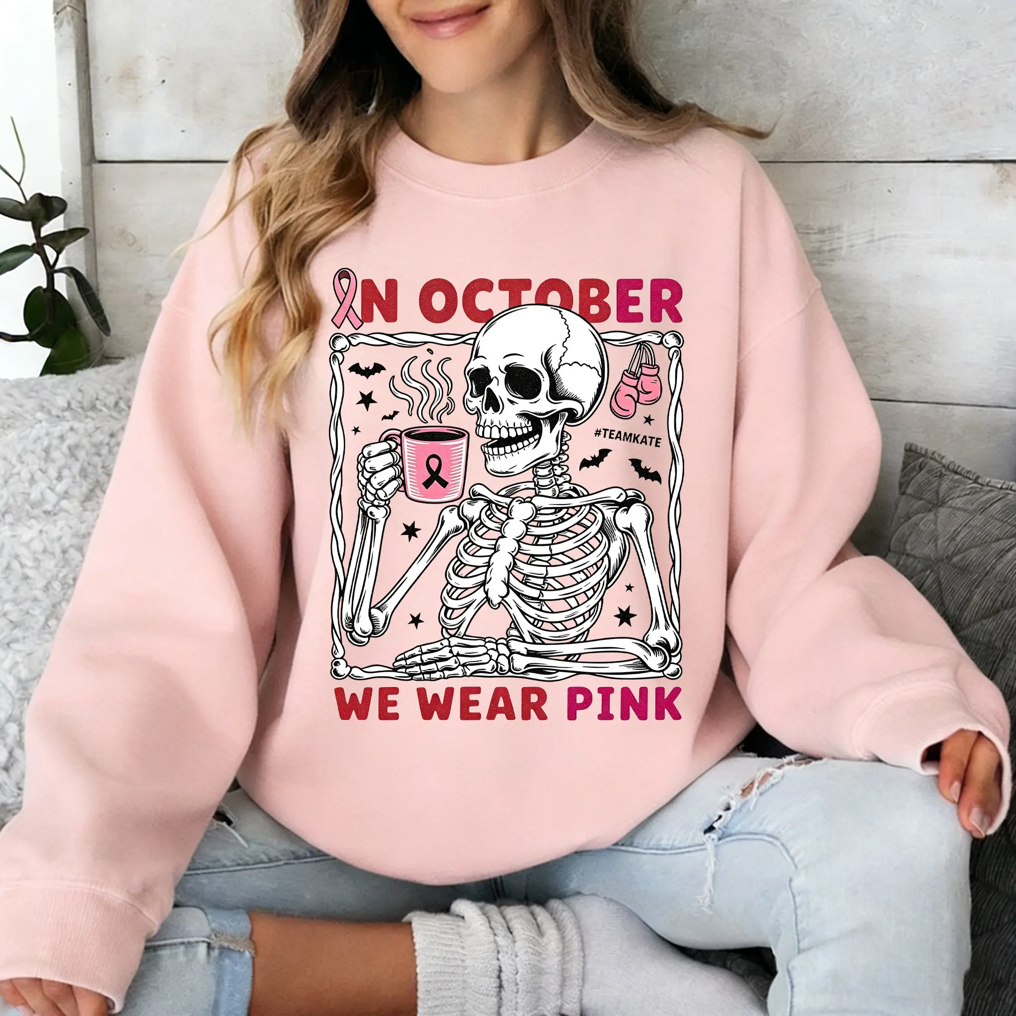 In October We Wear Pink Skeleton Coffee Breast Cancer Awareness Sweatshirt Pink Ribbon Support Crewneck Pullover