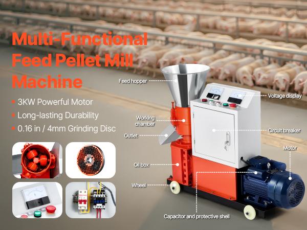 VEVOR Feed Pellet Mill Machine, 4 mm Animal Feed Pellet Making Machine, 3KW 240V Animal Food Granulator Mill Machines with 3 Pressure Rollers 4 Wheels, Ideal for Poultry, Livestock, Farm Animals