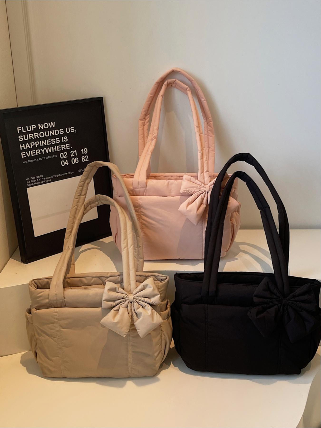 Pink Quilted Bow Tote Bag, Casual Lightweight Shoulder Bag, Casual Commuter Bag, Suitable for Commuting, Shopping, Leisure Outings, Everyday Accessories.