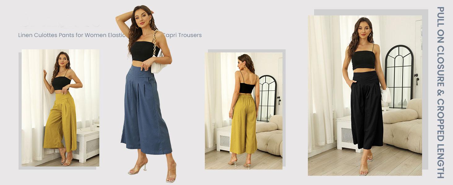 Tanming Women's Cotton Linen Culottes Pants Elastic Waist Wide Leg Palazzo Trousers Capri Pants with Pockets