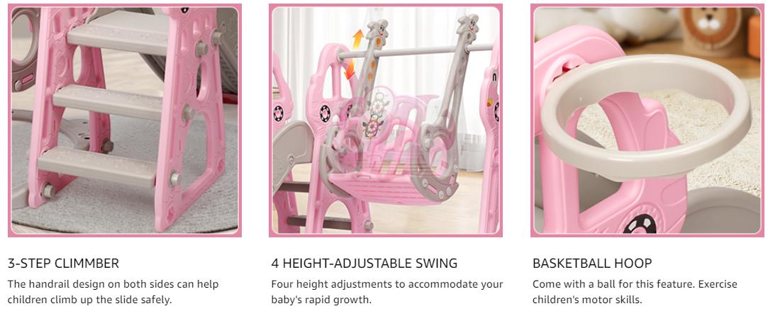 Rengue 4 in 1 Kids Slide and Swing Set, Indoor/Outdoor Playground for Toddlers 1-6 Kids Baby with Basketball Hoop, Climber Slide Toddlers Playset for Boys and Girls Backyard Playground