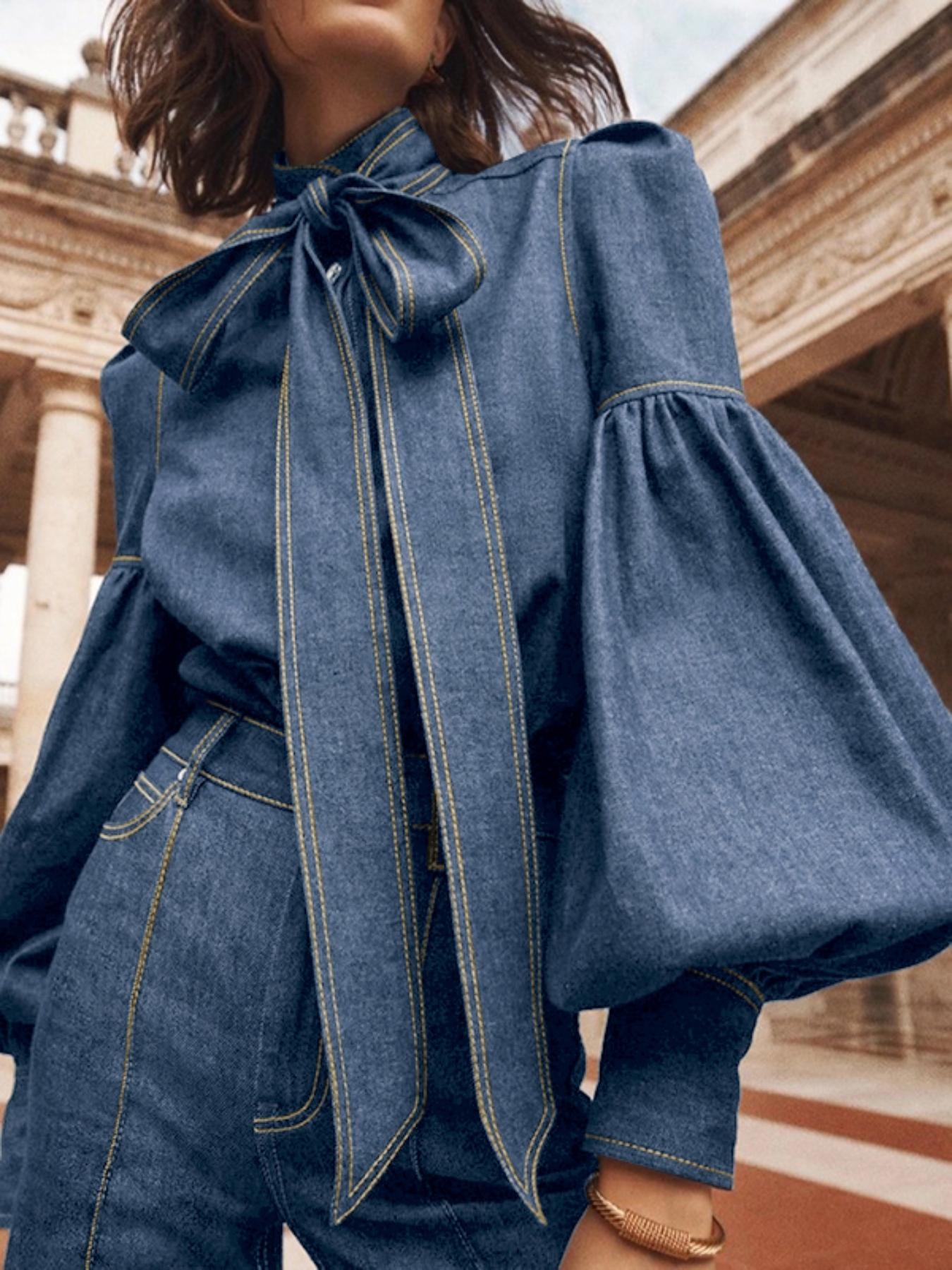 Women's Denim-effect Print Tie Neck Shirt, Chic Casual Long Sleeve Top for Daily Wear, Ladies Clothes for All Seasons