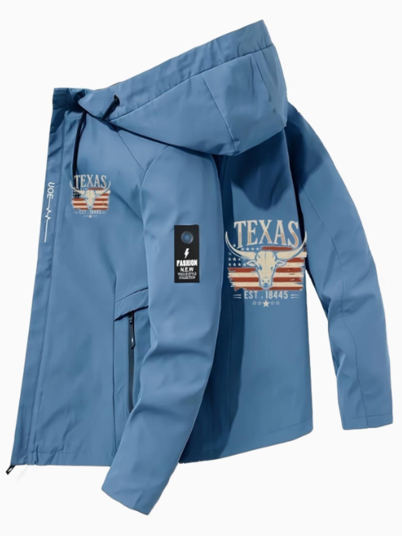 Men's Texas Pride Hooded Jacket, Light Blue Bomber Coat, Usa Flag Print, Zipper Design, Long Sleeve, Polyester Lining, Casual Style