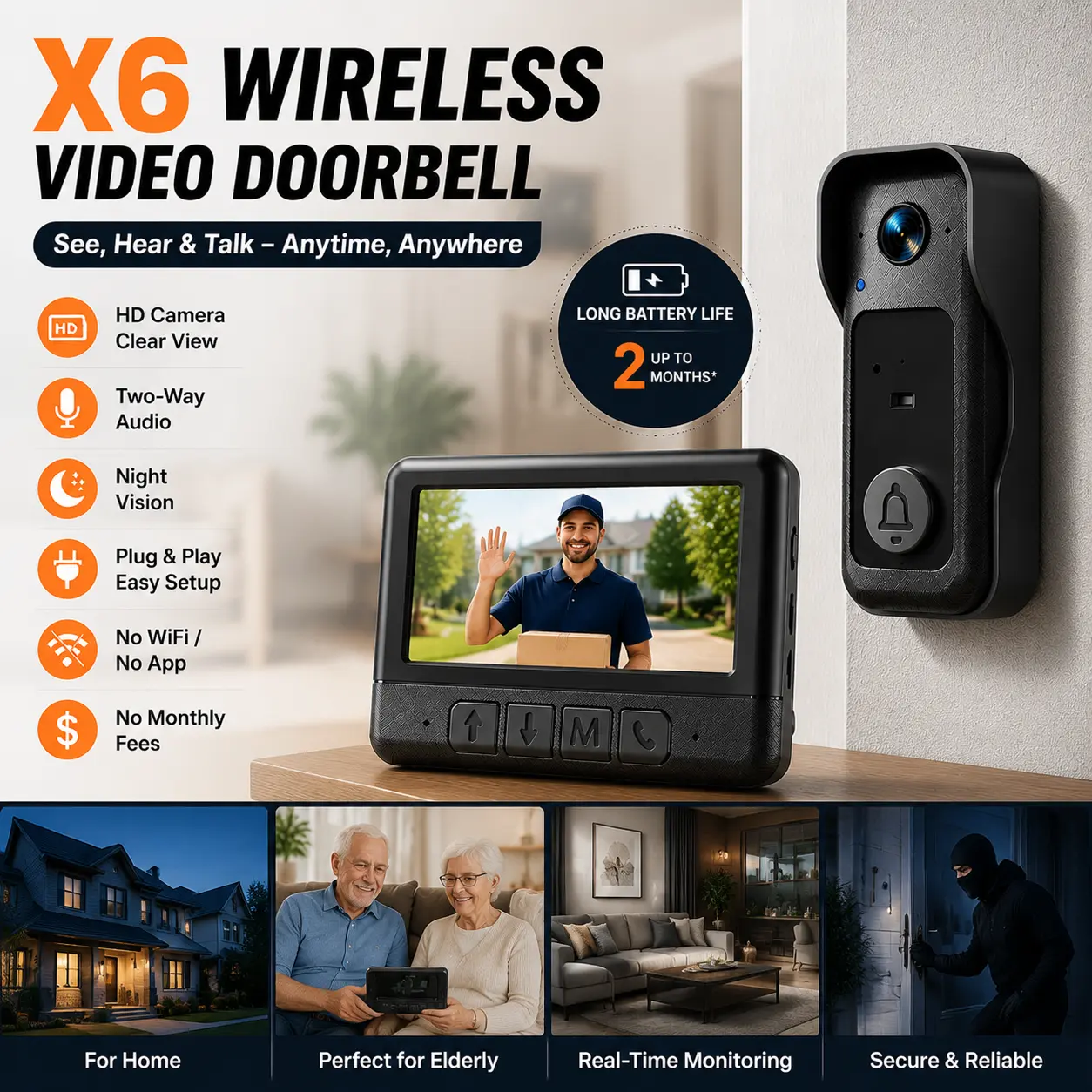 Wireless Video Doorbell Camera with Indoor Monitor, HD Smart Viewing System with Two-Way Talk, Night Vision, Easy Plug & Play Setup, No App Download or Monthly Subscription Required for Home Security
