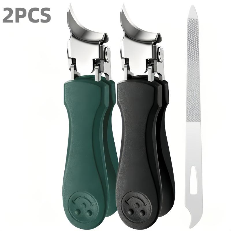 2-piece set of splash proof large opening nail clippers, designed with a slanted mouth specifically for toenails, paired with nail files for a cleaner and more worry free trimming of thick and embedded nails