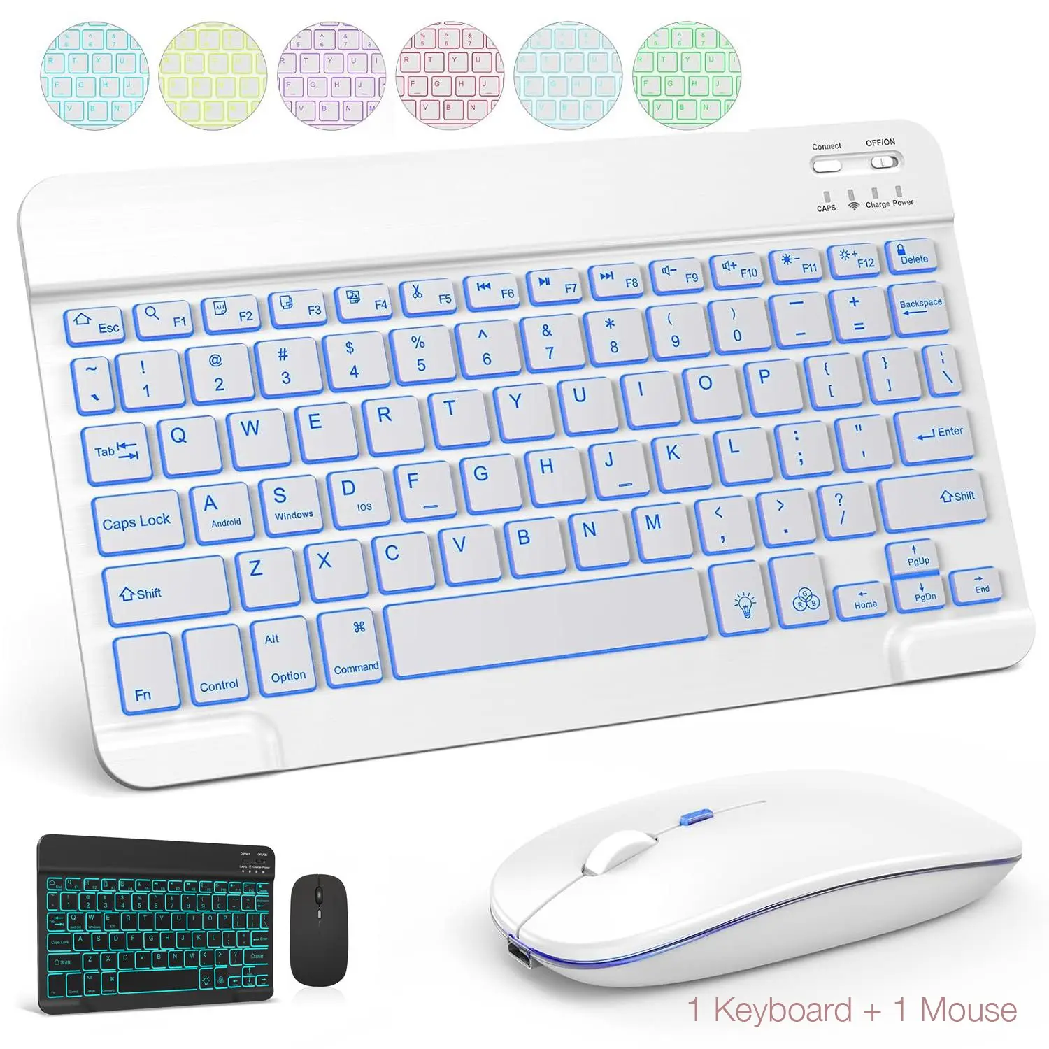 Rechargeable Wireless Keyboard & Mouse Combo Set, 7-Color Backlight, Compatible with iPadOS/iOS/Android/Windows