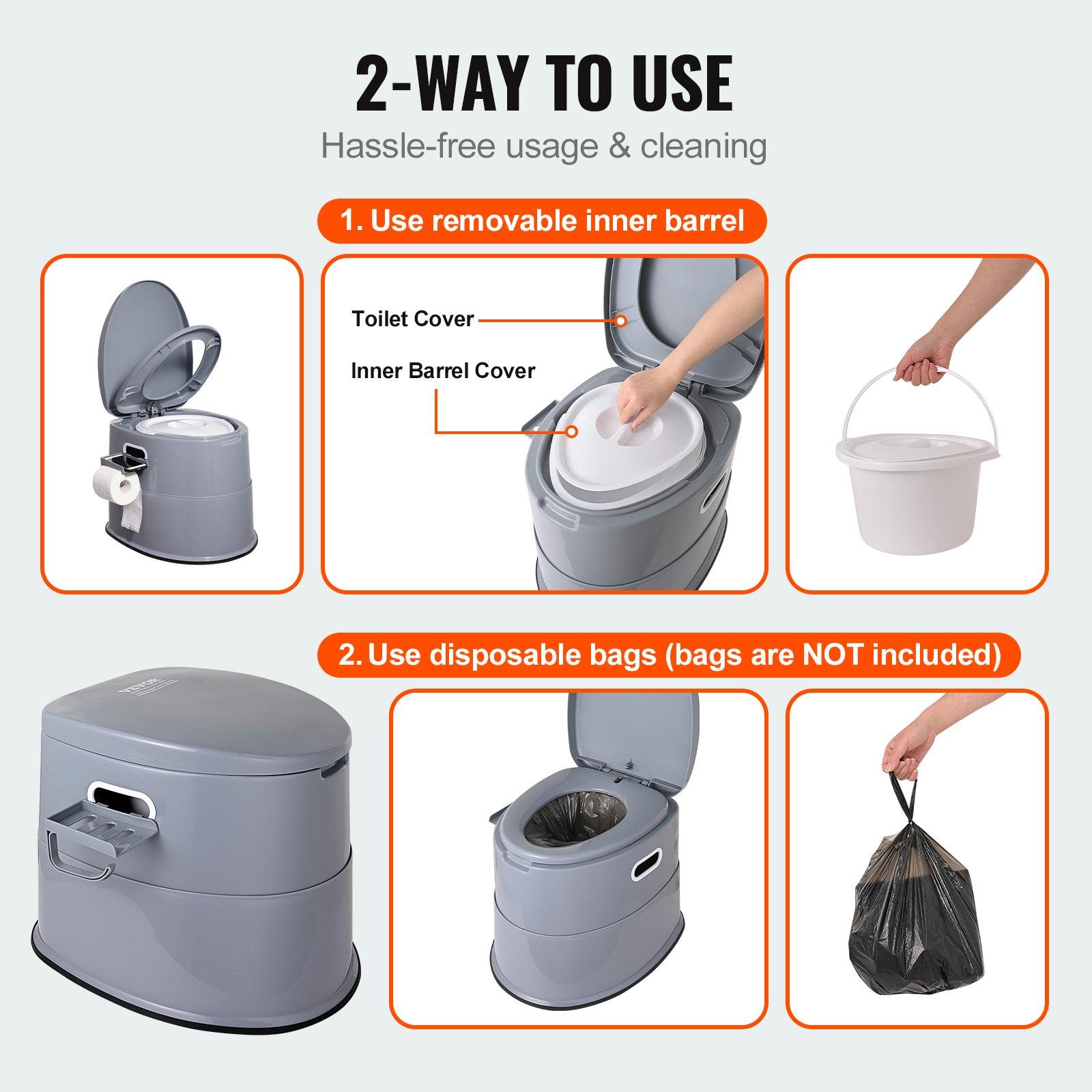 VEVOR Polypropylene (PP Plastic) Portable Camping Toilet, 300 lbs Capacity Porta Potty with 1.3 Gal Detachable Inner Bucket, Removable Washable Paper Holder, Non-Slip Commode, Double Cover, Side Handles, Odorless for Adults/Kids, Camping/Travel