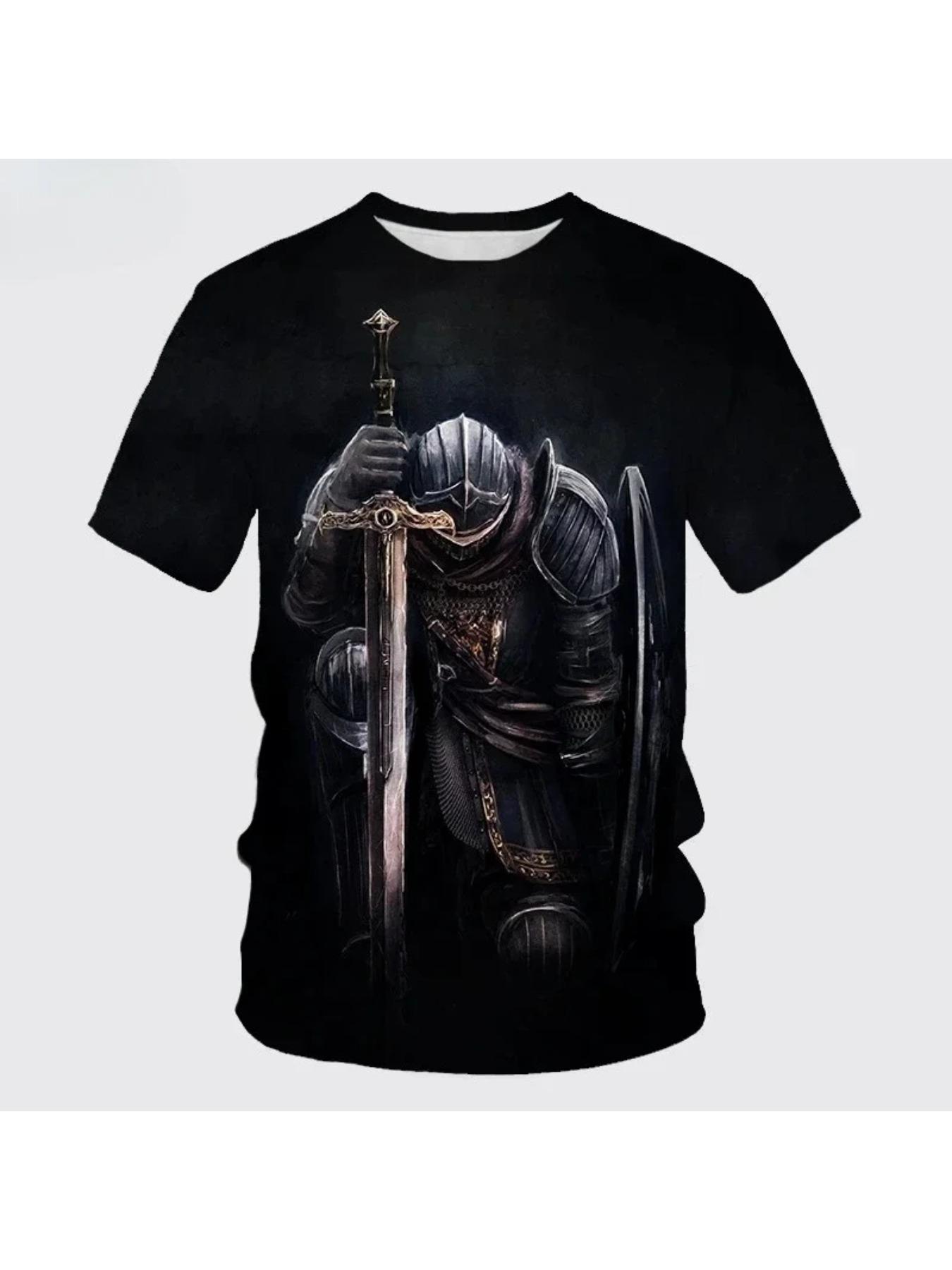 New 3D printed men's Templar knight summer outdoor sports breathable, casual street short-sleeved t-shirt top