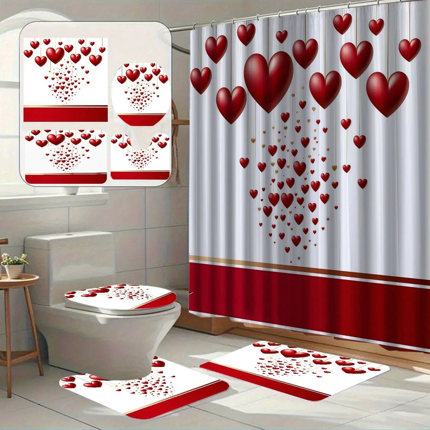 Romantic Heart Print Bath Curtain Set, Waterproof Polyester Bathroom Shades, Fashionable Decorative Shower Curtains, Valentine's Day Theme