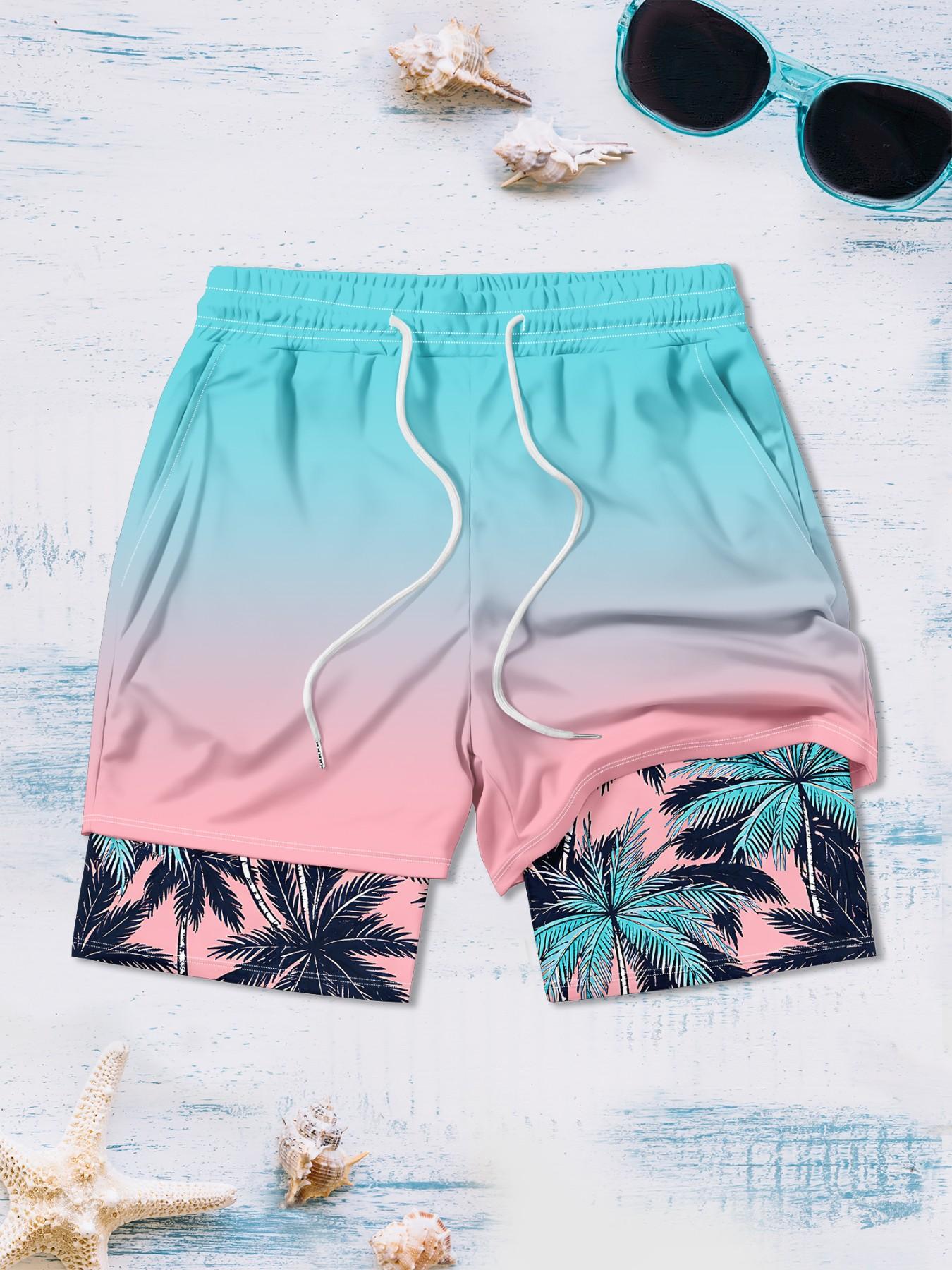 Men's Double-Layered Beach Shorts, Blue Gradient Coconut Tree Print, Quick-Dry Drawstring Waist, Summer Surfing Casual Shorts, Beach Swim Trunks