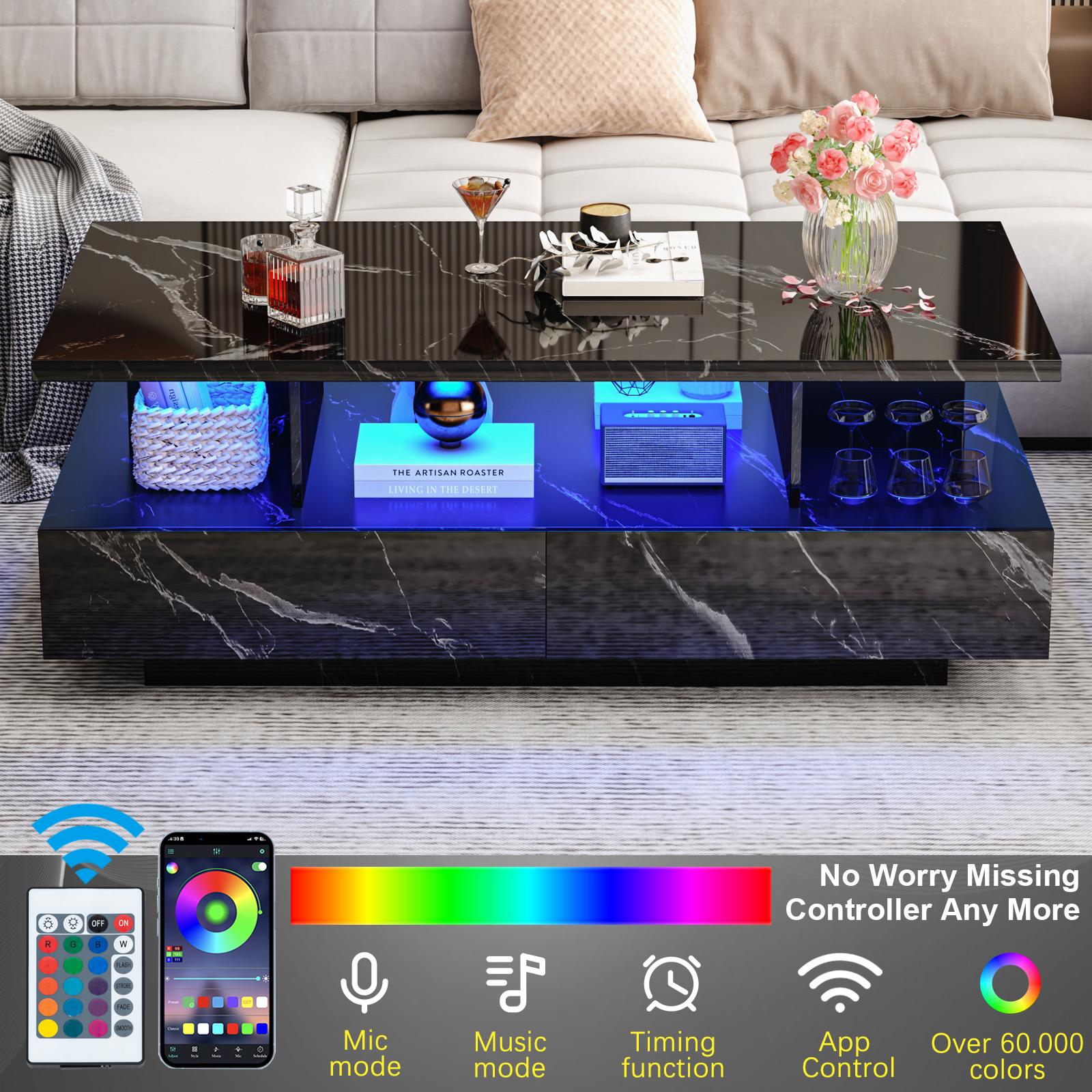 LED Coffee Table with 2 Storage Drawers, Modern High Gloss Black Coffee Table w/20 Colors LED Lights, 2 Tiers Rectangle Center Table for Living Room with Marbling Print, APP Control, Black/White