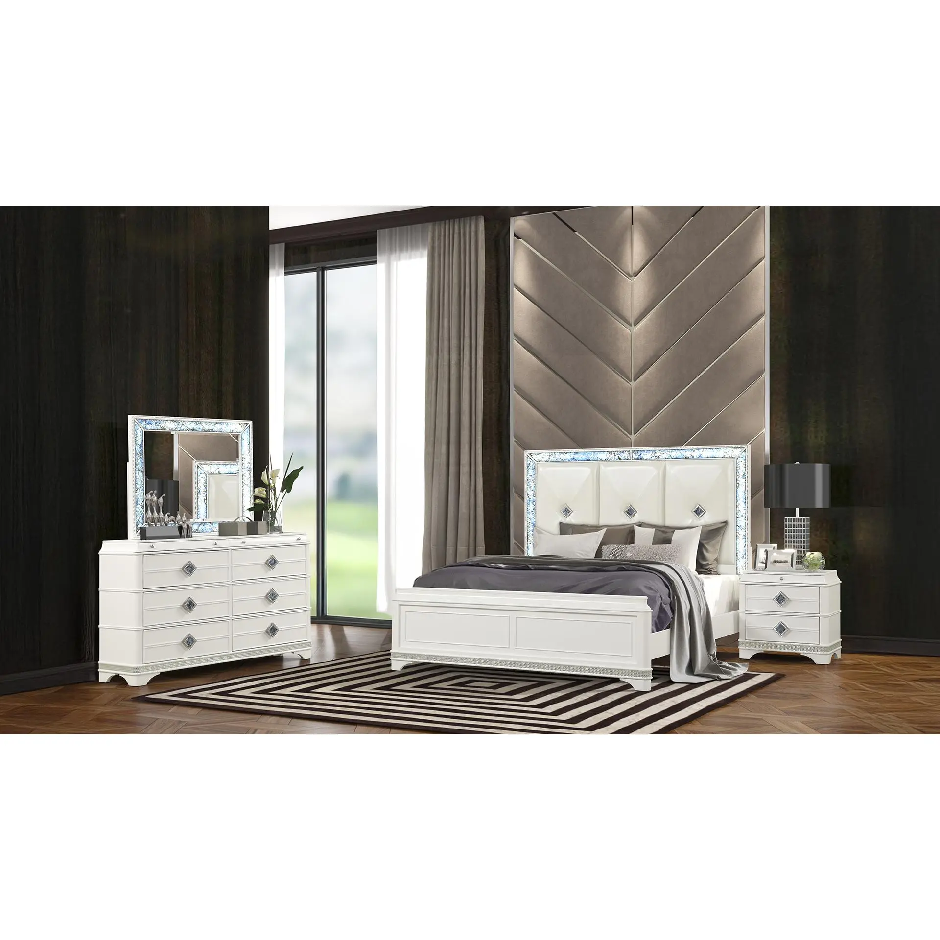 Nokaa Laguna Modern 4-Piece King Upholstered Bedroom Set with LED Lighting, Crystal Accents, White Faux upholstered & Wood Frame – Includes Bed, Dresser, Mirror, Nightstand, Box Spring Required