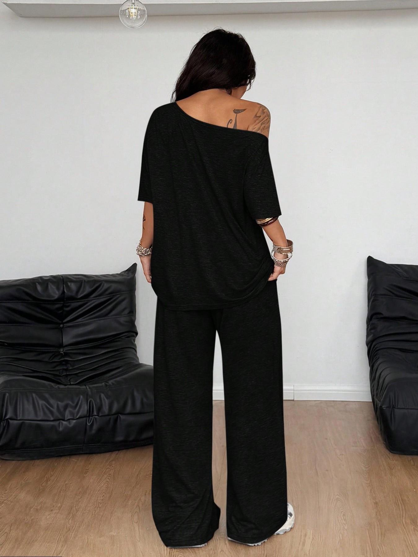 Women's Casual Solid Color Sport Two-Piece Set, Loose Long Pants & Wide Leg Slant Neck Pant Suit, Spring & Fall Fashion