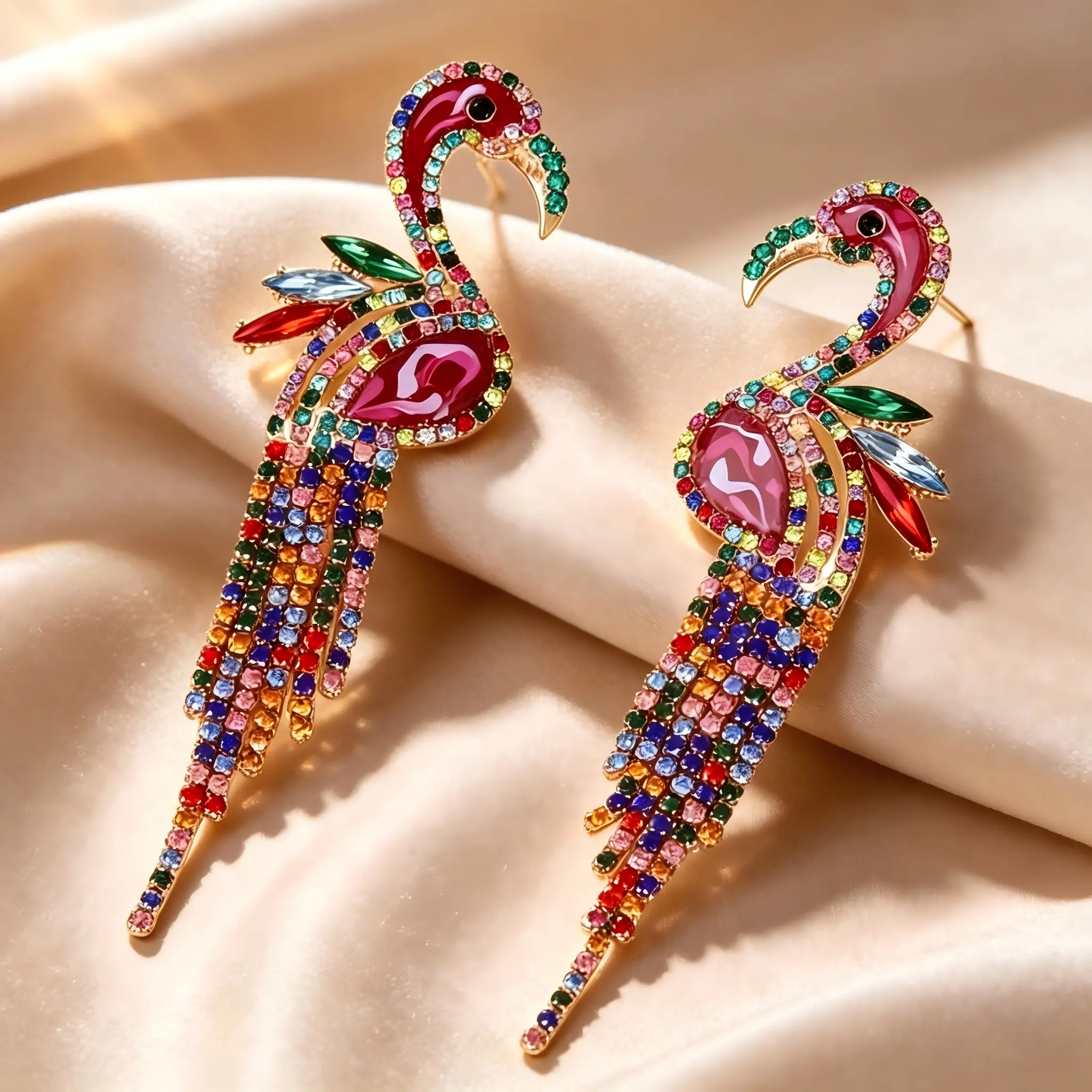 Flamingo Tassel Dangle Earrings for Women, Exotic Bird‑Shaped Statement Drop Earrings, Sparkling Long Tassel Chandelier Earrings, Fashion Jewelry for Party Holiday Gala Gift