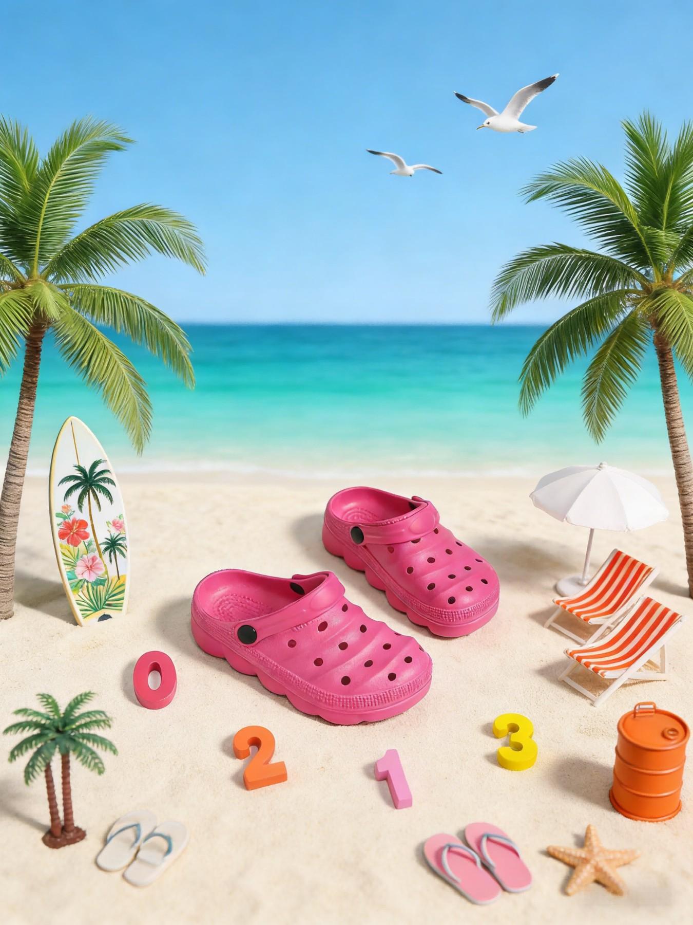 Summer New Pure Color Holey Shoes, Cute Thick Sole Anti-Slip Comfortable Breathable Closed-Toe Kids Sandals, Beach Resort Indoor Outdoor Slippers, Eva Slippers, Casual Beach Slippers