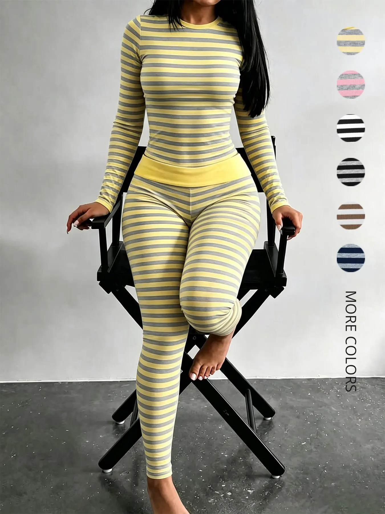 Women's Slim-Fit Striped Pajama Set, Casual Long Sleeve Top & Fold-Over Waist Pants, Comfortable All-Season Loungewear & Sleepwear