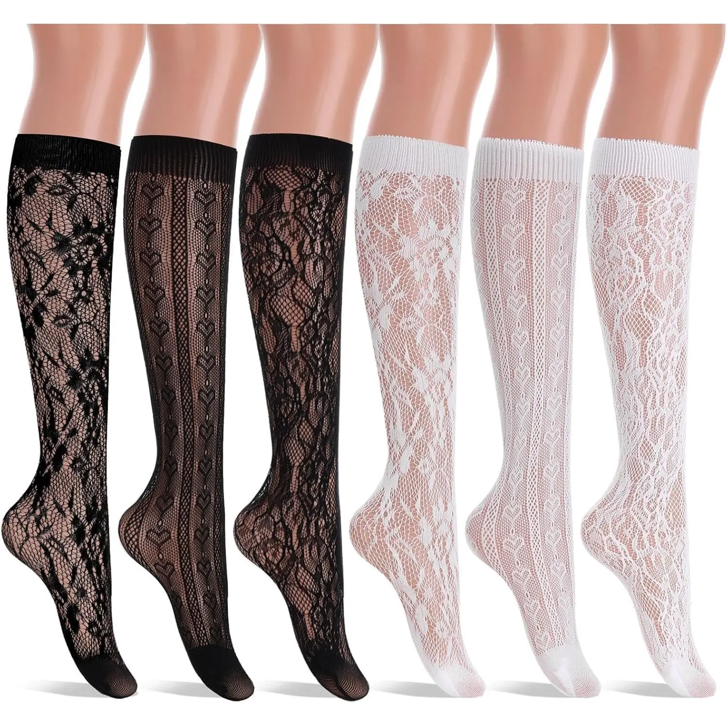 6 Pairs Women's Fishnet Knee High Socks, Stylish Lace Hollow Stockings, Fishnet Mesh Hollow Out Calf Socks for Women