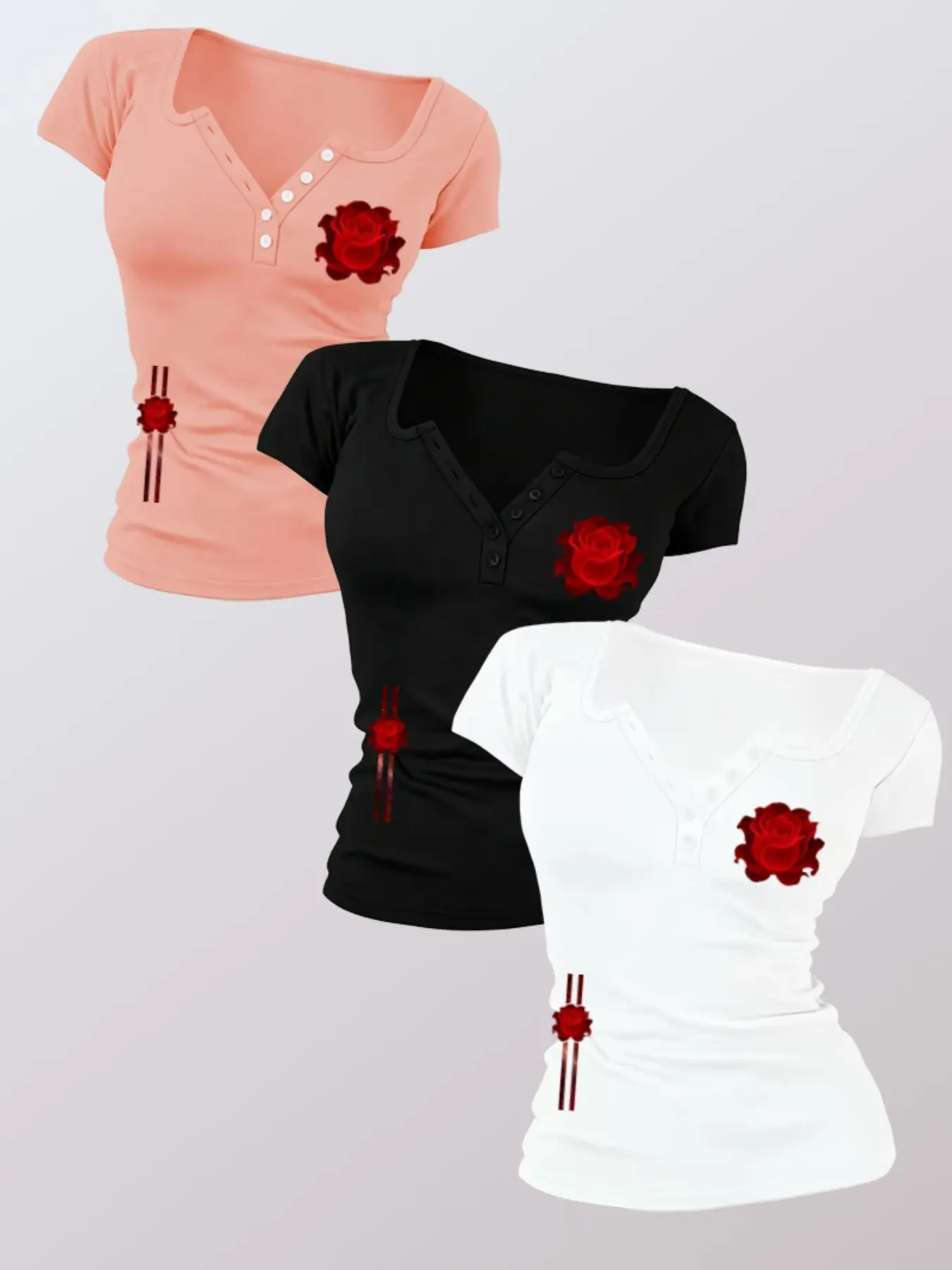 Women's Fitted Short Sleeve T-Shirt, Summer New Arrival, 3-Pack, Rose Art Print, V-Neck, Waist Cinch, Casual Sexy Style