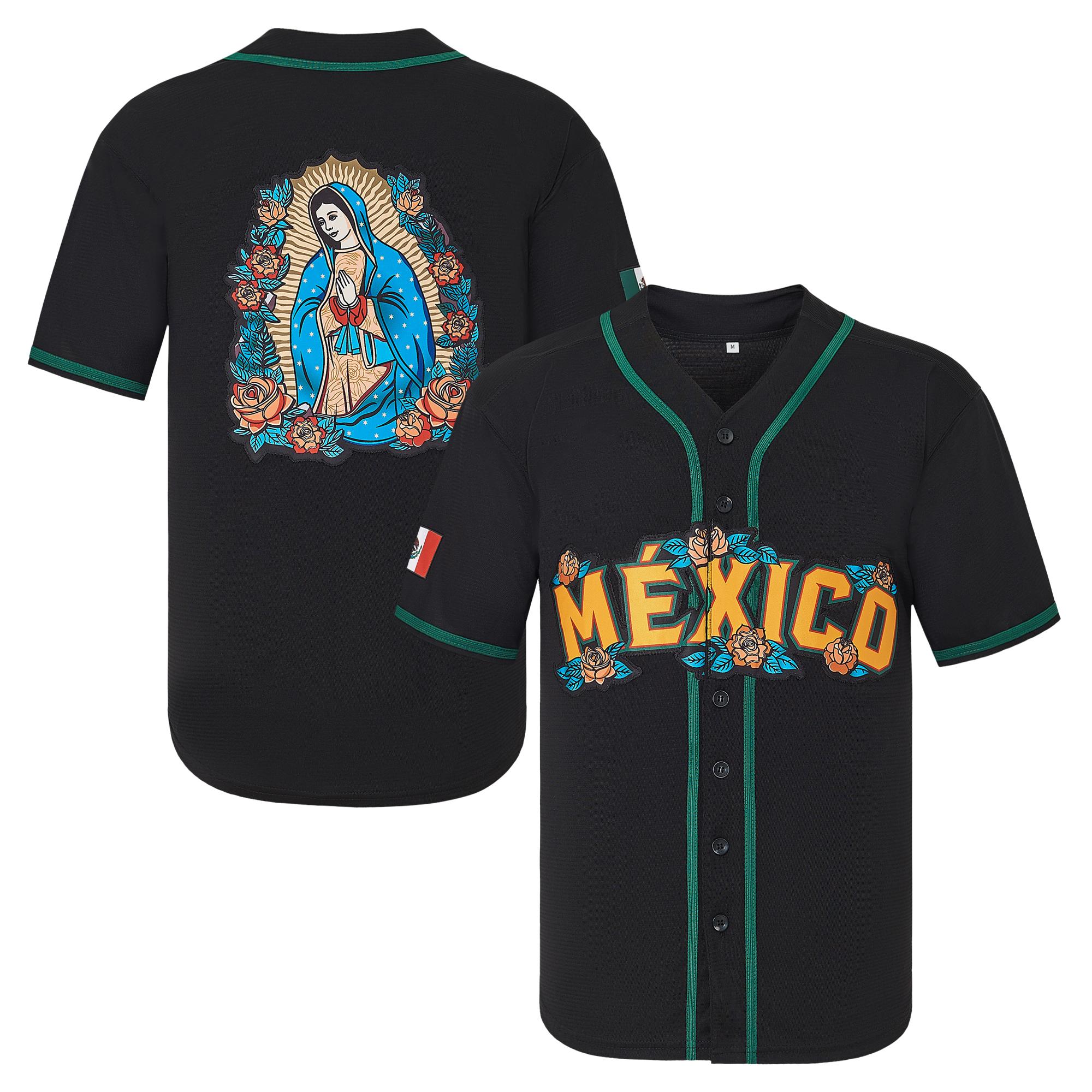 V-Neck Mexico Guadalupe Embroidered Baseball Jersey,Men's Gift,Button Short Sleeve Sports Jersey,Loose Breathable Soft Comfort,Gift for Game Day