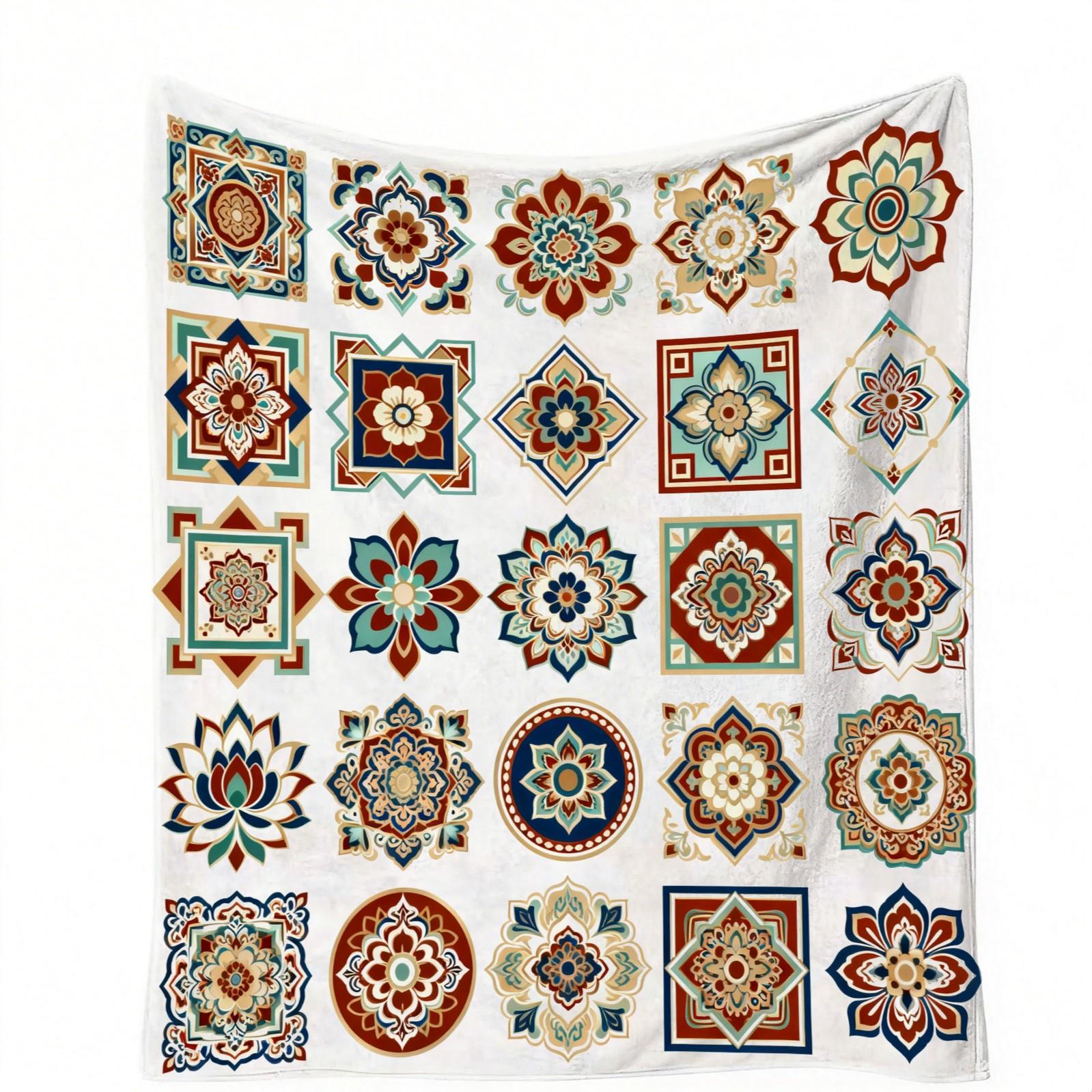 1 Pack Boho Mandala Single-Sided Printed Flannel Blanket, HD Digital Printed Vintage Floral Soft Cozy Blanket, Warm Multi-Use Throw for Sofa, Bedding and Travel, All-Season Ideal Gift Blanket