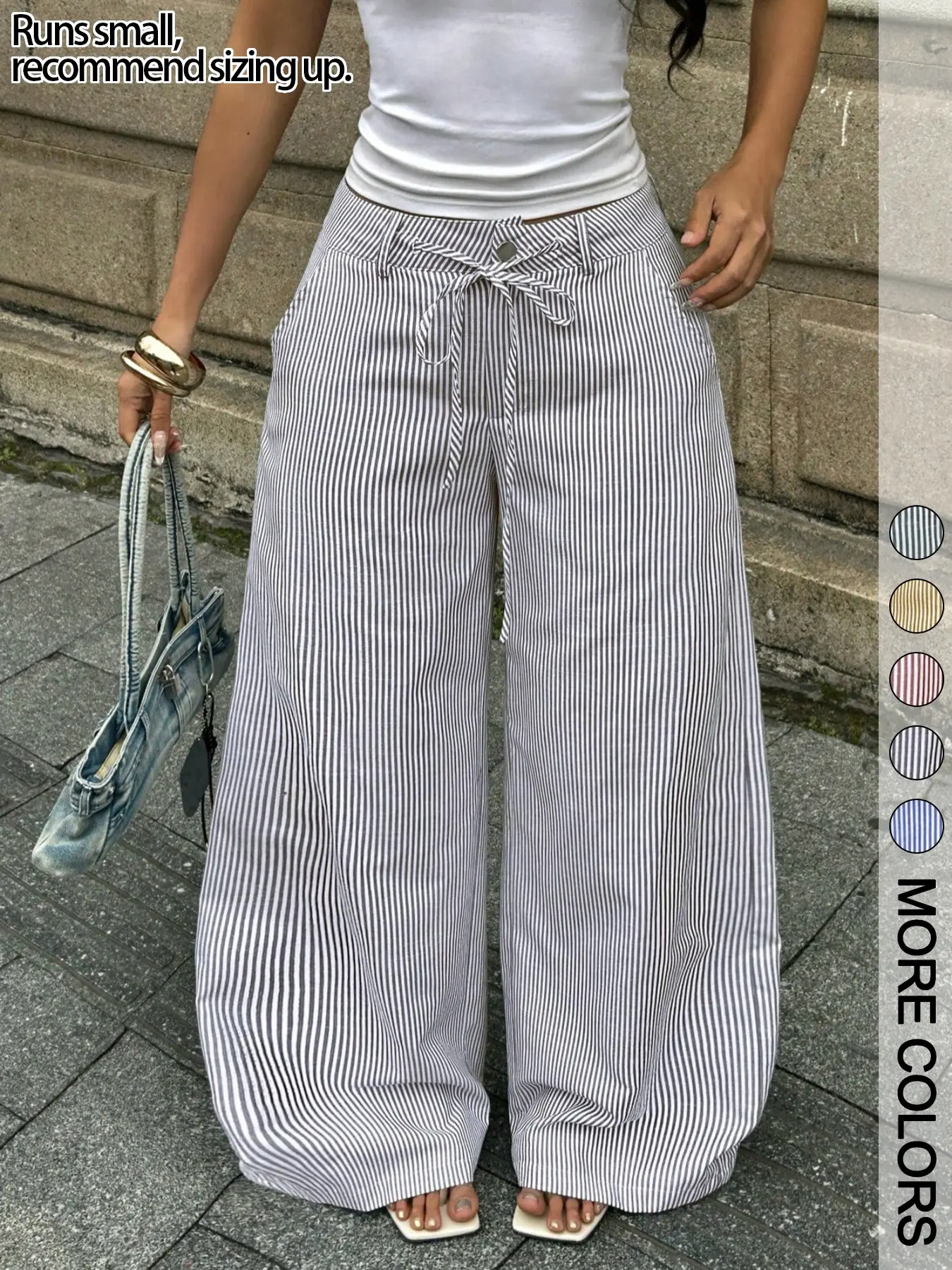 1 Piece Casual Thin Vertical Striped High Waist Drawstring Tie Design Flowy Loose Extra Long Floor-Length Height Enhancing Wide Leg Sweat Pants