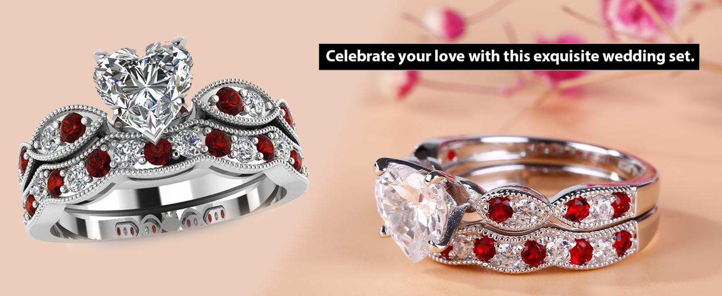 Jeulia 3 Carat CZ Solitaire Engagement Rings Halo Milgrain Heart Cut Sterling Silver Ring Set Promise Engagement Wedding Anniversary Rings Bridal Sets for Women
