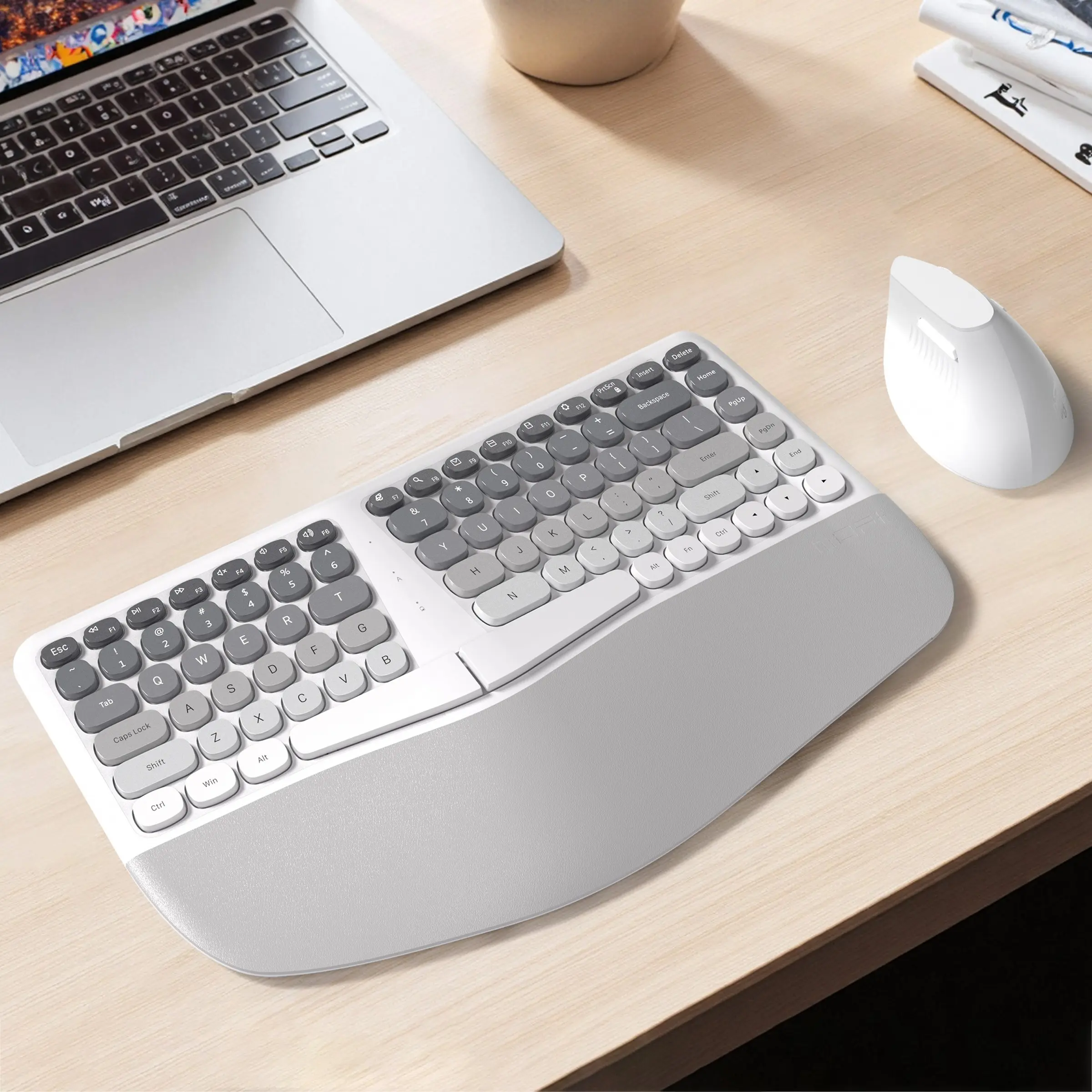 MOFii BOMI Aesthetic Gradient Grey & White Ergonomic Curved Wireless Keyboard Mouse Set, V-Shape Split Keyboard with Wrist Rest, 2.4G Wireless Vertical Mouse Combo for Desktop & Laptop Office Use, Ergonomic Wireless Keyboard And Mouse