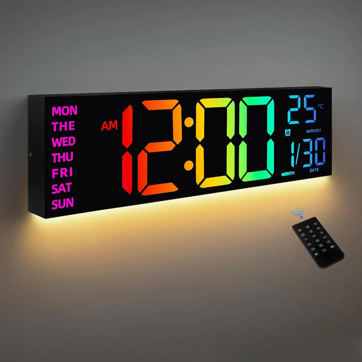 8 Colors Digital Wall Clock, 16.2" Large Digital Clock with Temperature, Date, Auto DST, Night Light, Auto Brightness Dimmer, 24/12-hour Wall Clock for Living Room Office Classroom Gym,camping essentials