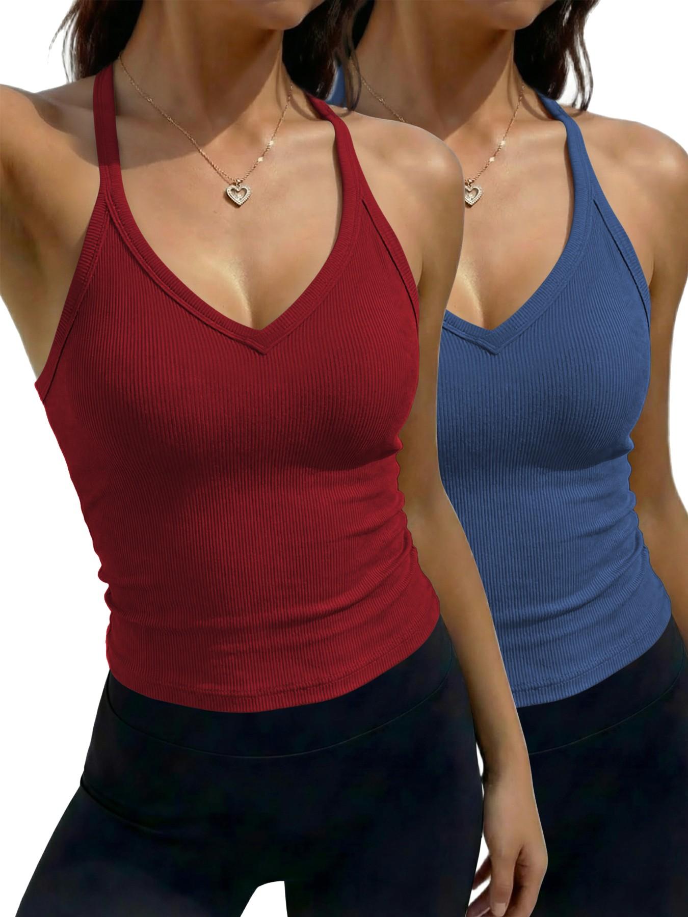 Women's Solid Racerback Tank Top, Casual Sleeveless Deep V- Neck Top for Summer, Ladies Clothes for Daily Wear, Breathable Sleeveless Tops