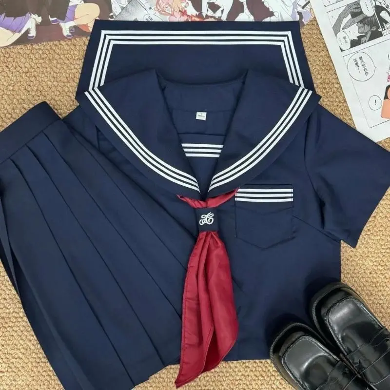 New Authentic Japanese JK Uniform Sailor Suit Dark Blue Three Stripes Classic Basic Style School Girl Student Costume Outfit Set