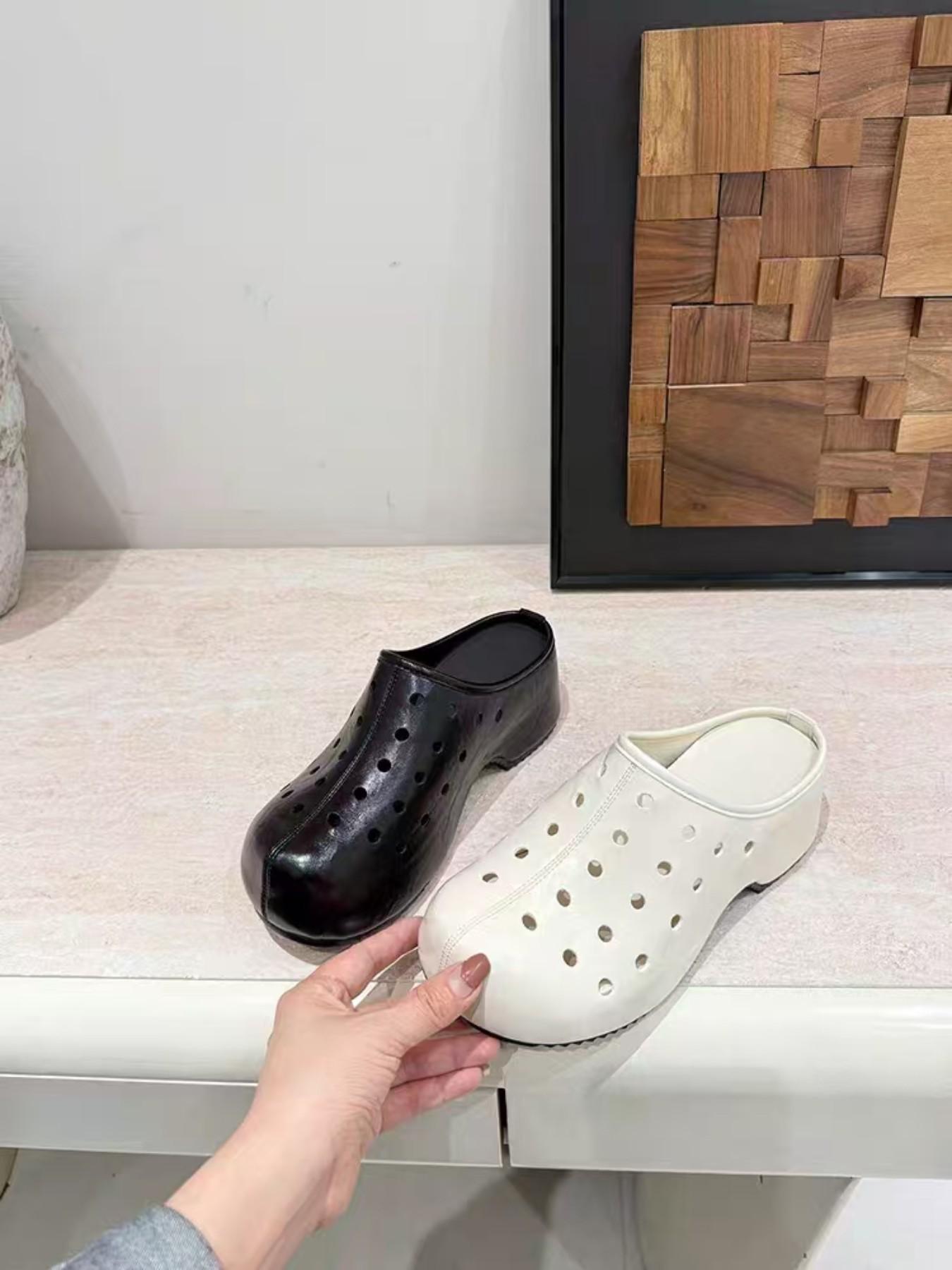 Cream Matte PU Leather Mules, Vintage Breathable Design, Round Hole Pattern, No Heel, Casual Style, Versatile Fashion Shoes