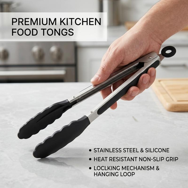 Stainless Steel Silicone Food Tongs for Kitchen, Heatproof and Non-Slip Cooking Utensils Suitable for Non-Stick Pans and Barbecue Tools