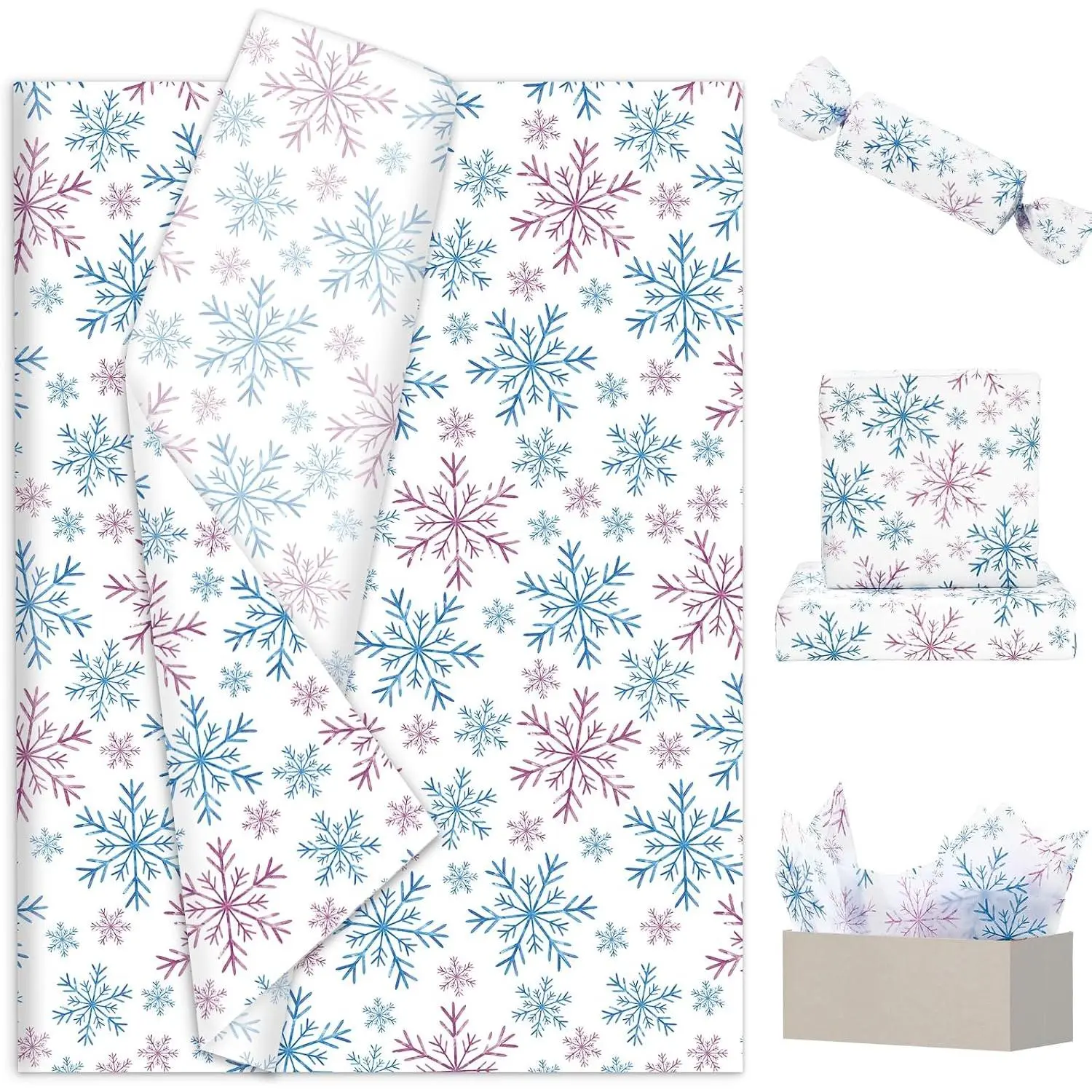 100 Sheets Christmas Tissue Paper Blue  Snowflake  Wrapping Paper Watercolor Art Papers for Winter Xmas DIY Crafts Supplies, 14 x 20 Inch