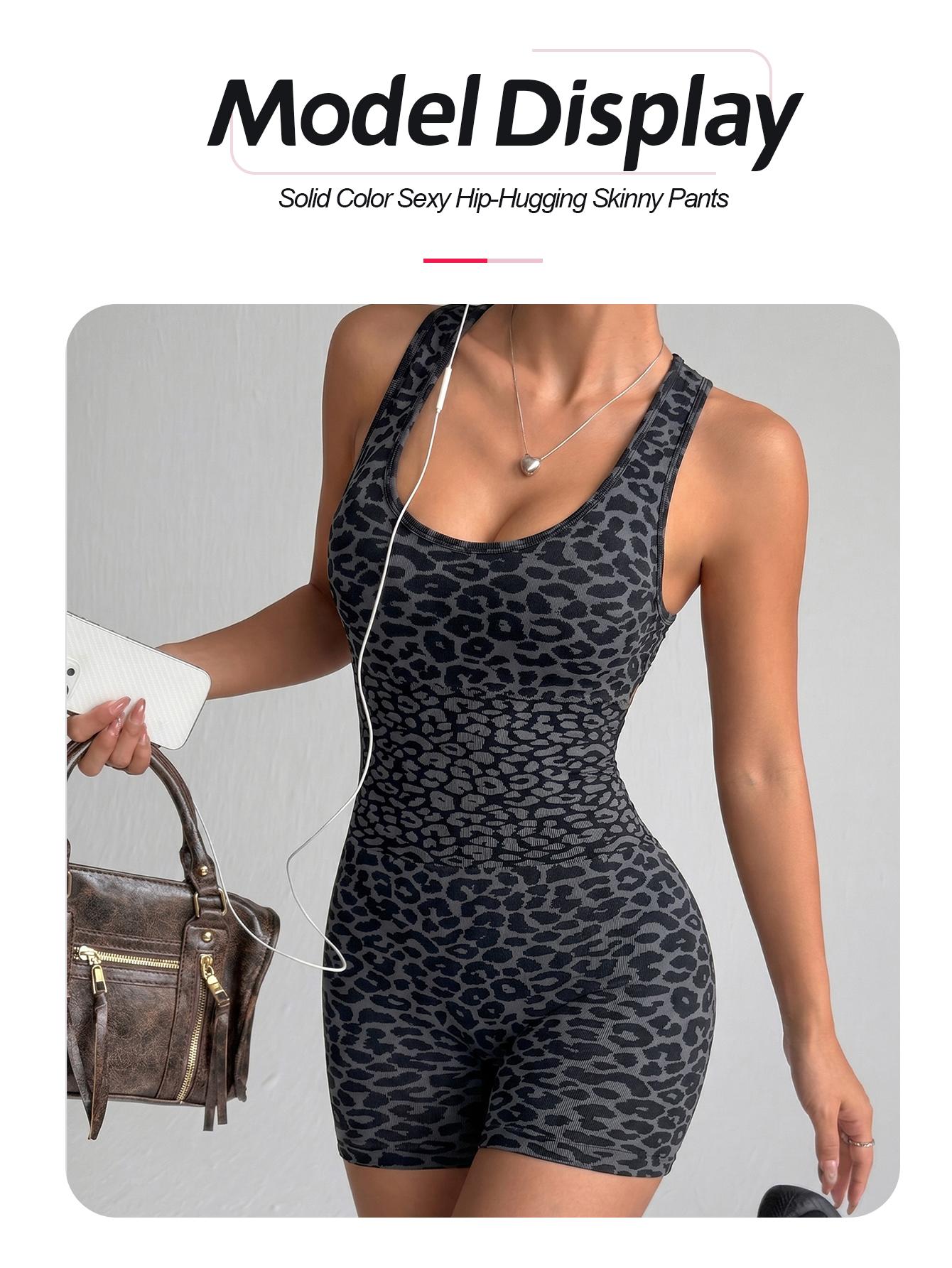 Summer Seamless Leopard Print Yoga Jumpsuit, Cross Back Sporty One-Piece, High Waist Compression Wear, Above Knee Length, All Seasons, Fit Jumpsuits, Sleeveless Yoga Jumpsuit, Tight Fitting Jumpsuit