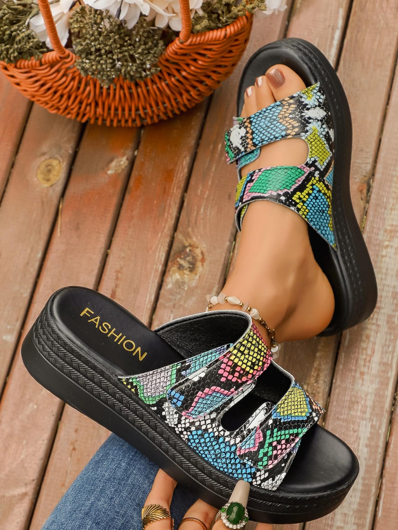 Women's Fashion Thick Sole Sandals, Snake Print, Slip-On, Open Toe, Adjustable Velcro, Textile Upper, PVC Sole, Less Than Ankle Height