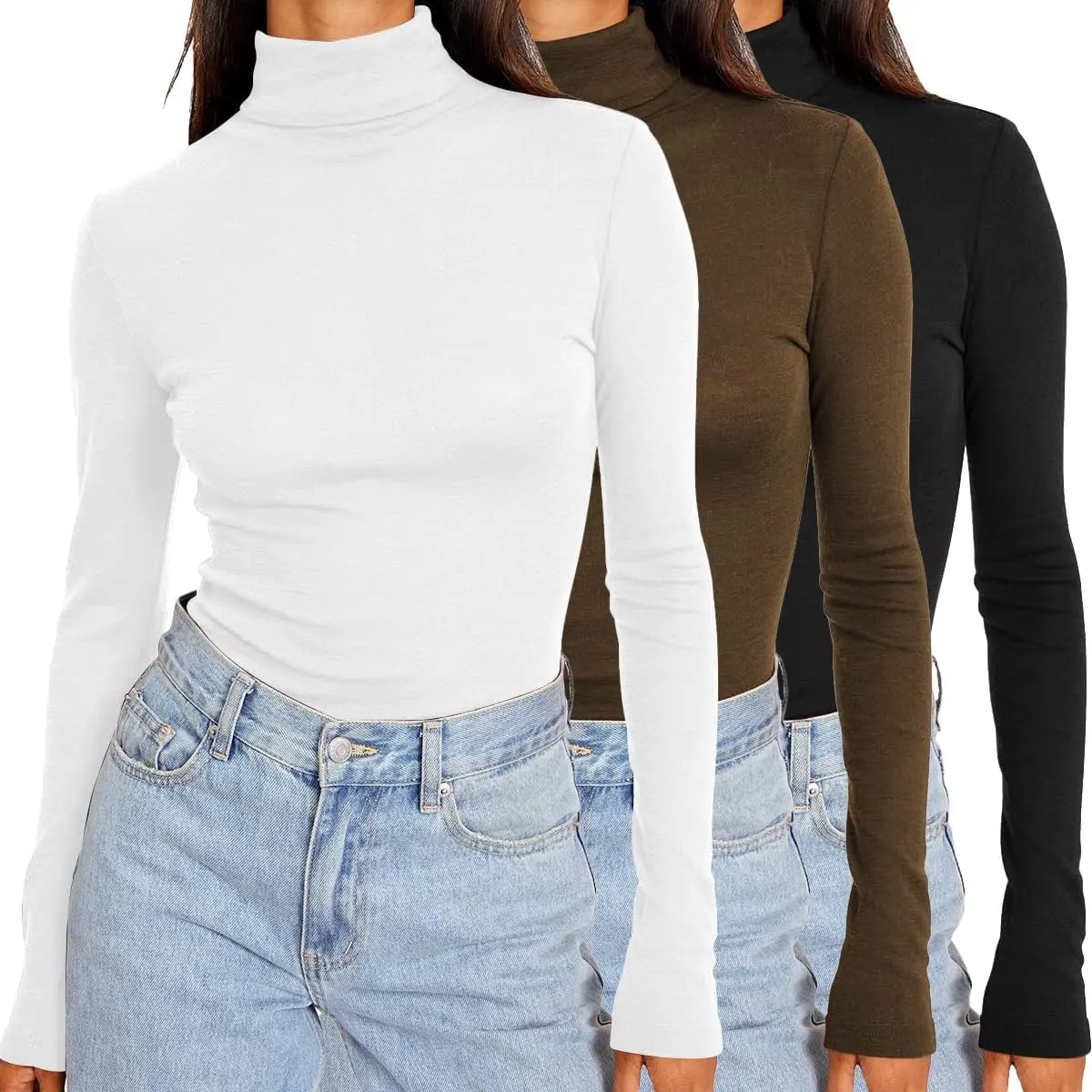 【US Shipping】Women's 3-Piece Stretchy Modal Basic Neck Top Set - Turtleneck/Mock Neck Long Sleeve, Slim Fit, Comfy Winter Thermal Underwear Tops for Fall 2025 Casual Wear, Underwear Sets, Lightweight