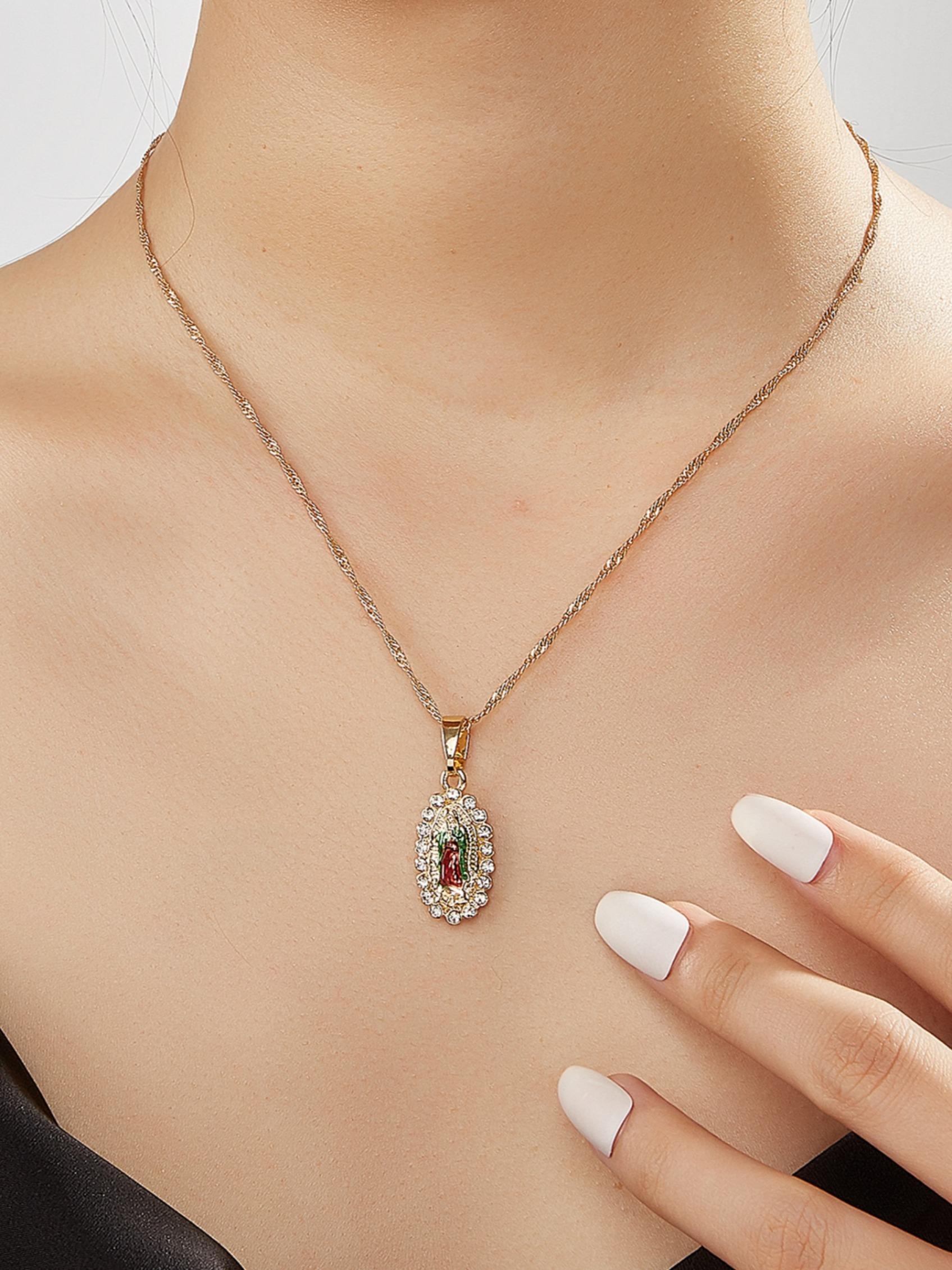 1pc Women's 14K Virgin Mary Mama Our Lady Guadalupe Pendant Necklace, 1.2mm Wave Chain, Unisex Jewelry, 18 Inch, Perfect Religious Gift